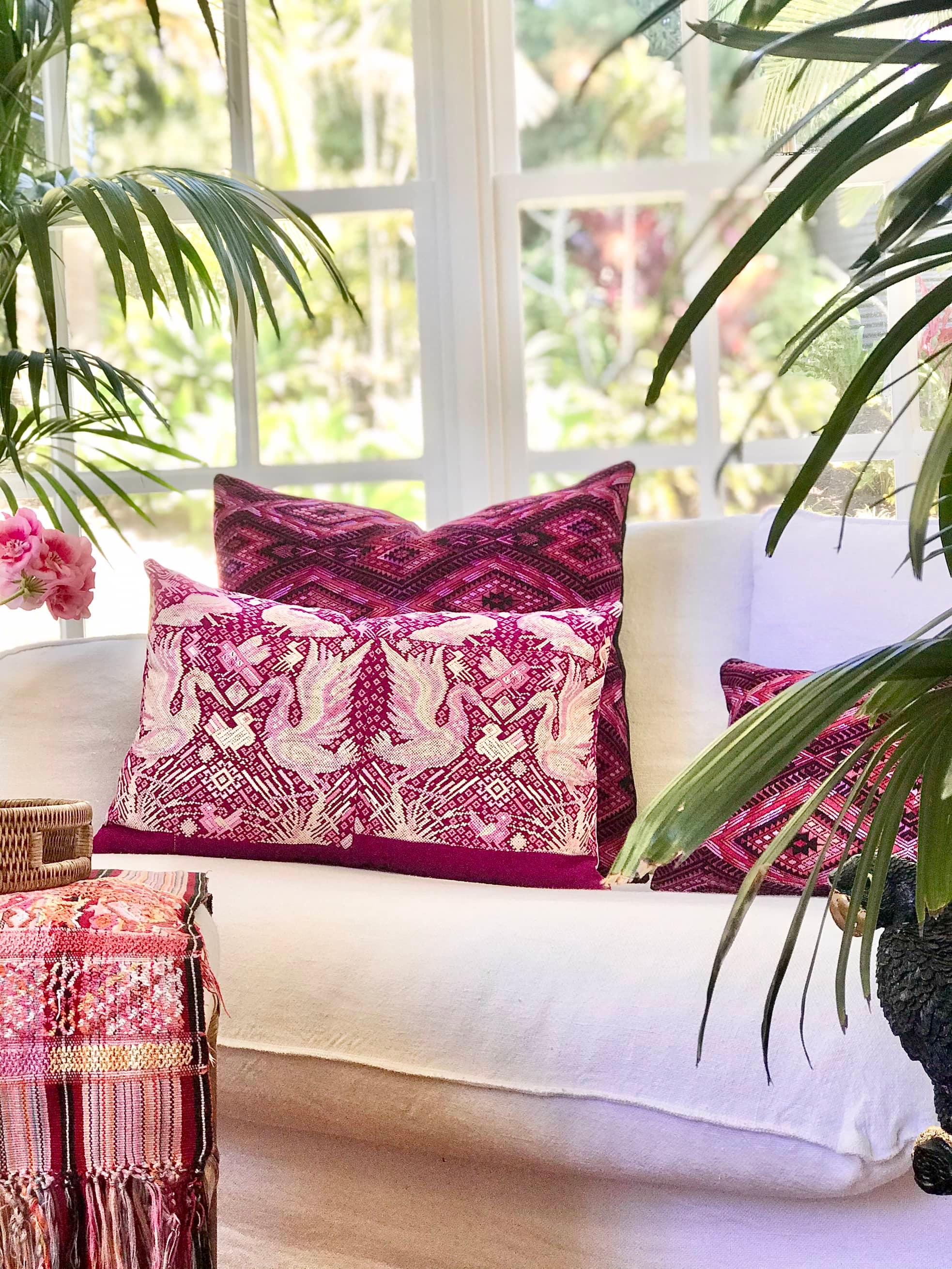 Guatemalan embroidered huipil pillow. Geometric chevron design in bold fuchsia