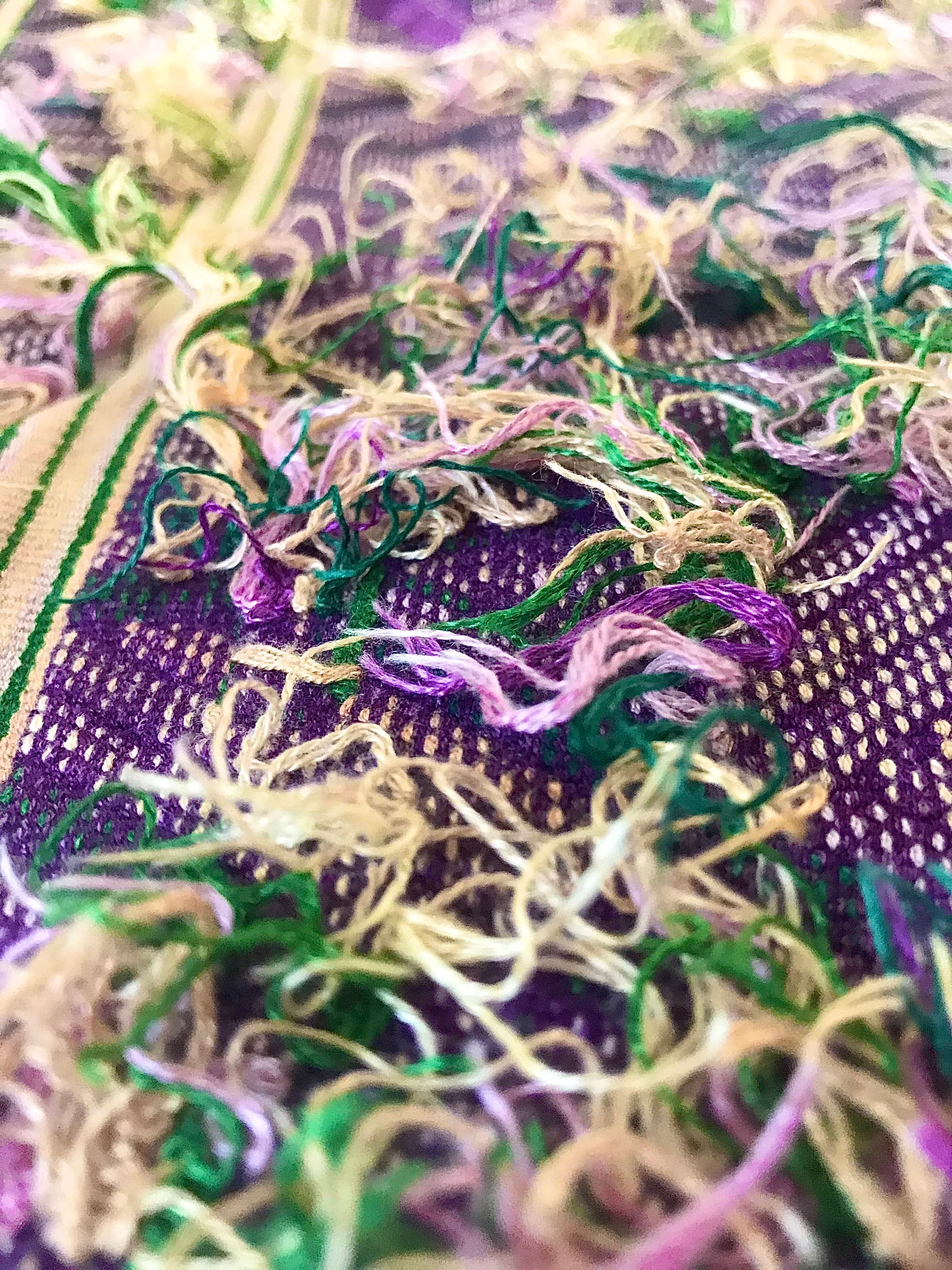 A Pair of Guatemalan Huipil Textile Pillows, vintage, hand embroidered purple and gold Art Deco, Hollywood regency lumbar cushions