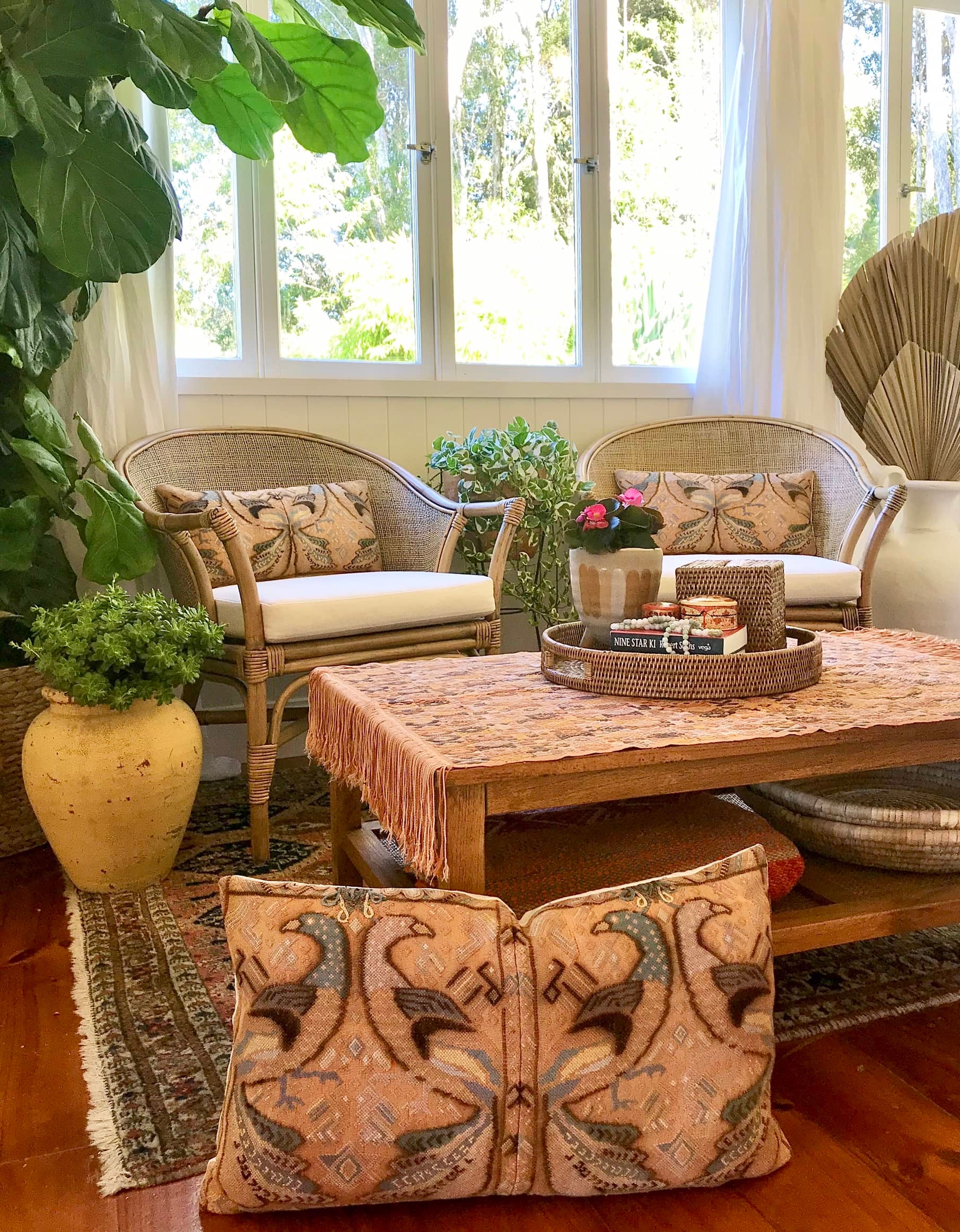 Guatemalan embroidered huipil pillow. Exotic yellow peacock birds in a maximalist bohemian design