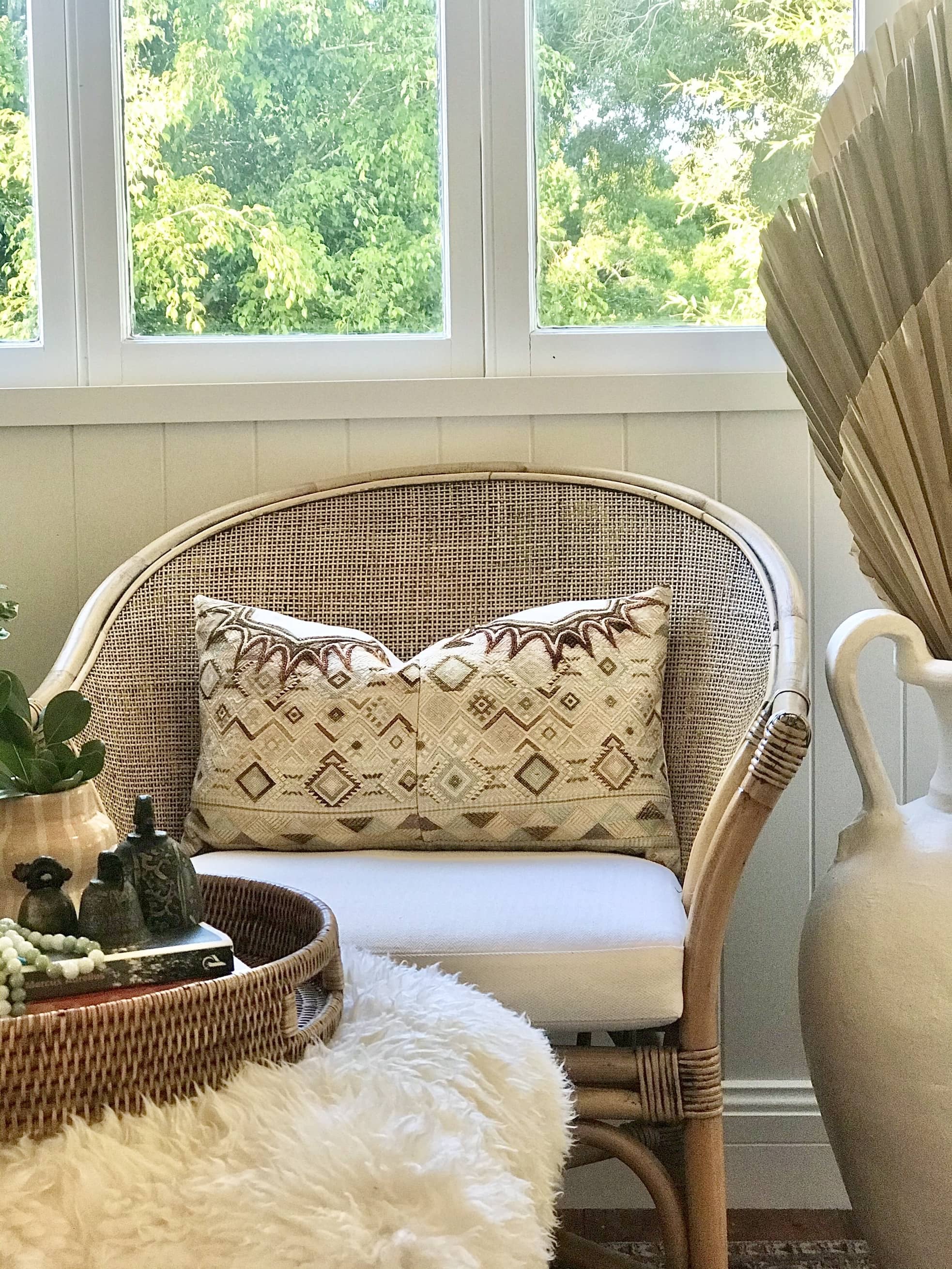 Guatemalan Huipil Pillow, vintage, hand embroidered textile in a beautiful cream, gold and Tiffany blue geometric pattern