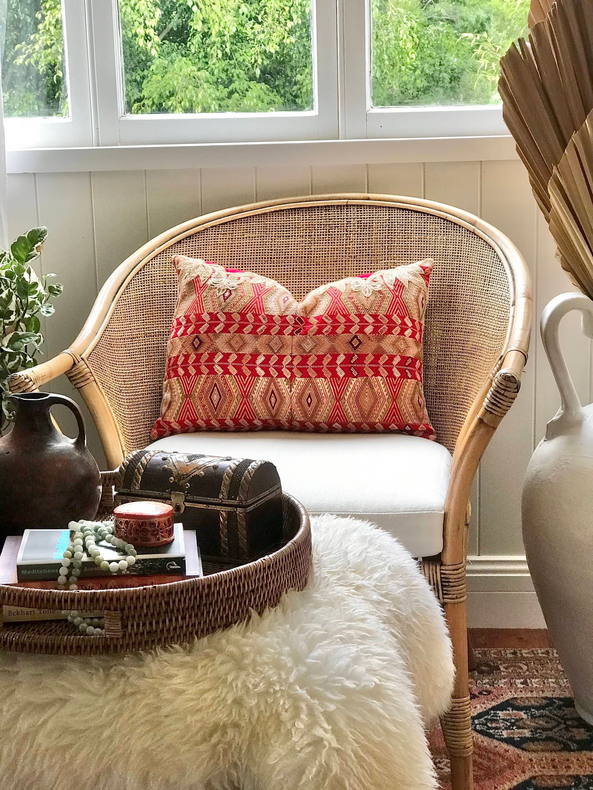 Guatemalan Huipil Pillow, vintage, hand embroidered red and gold Chichicastenango textile depicting a geometric design representing wheat