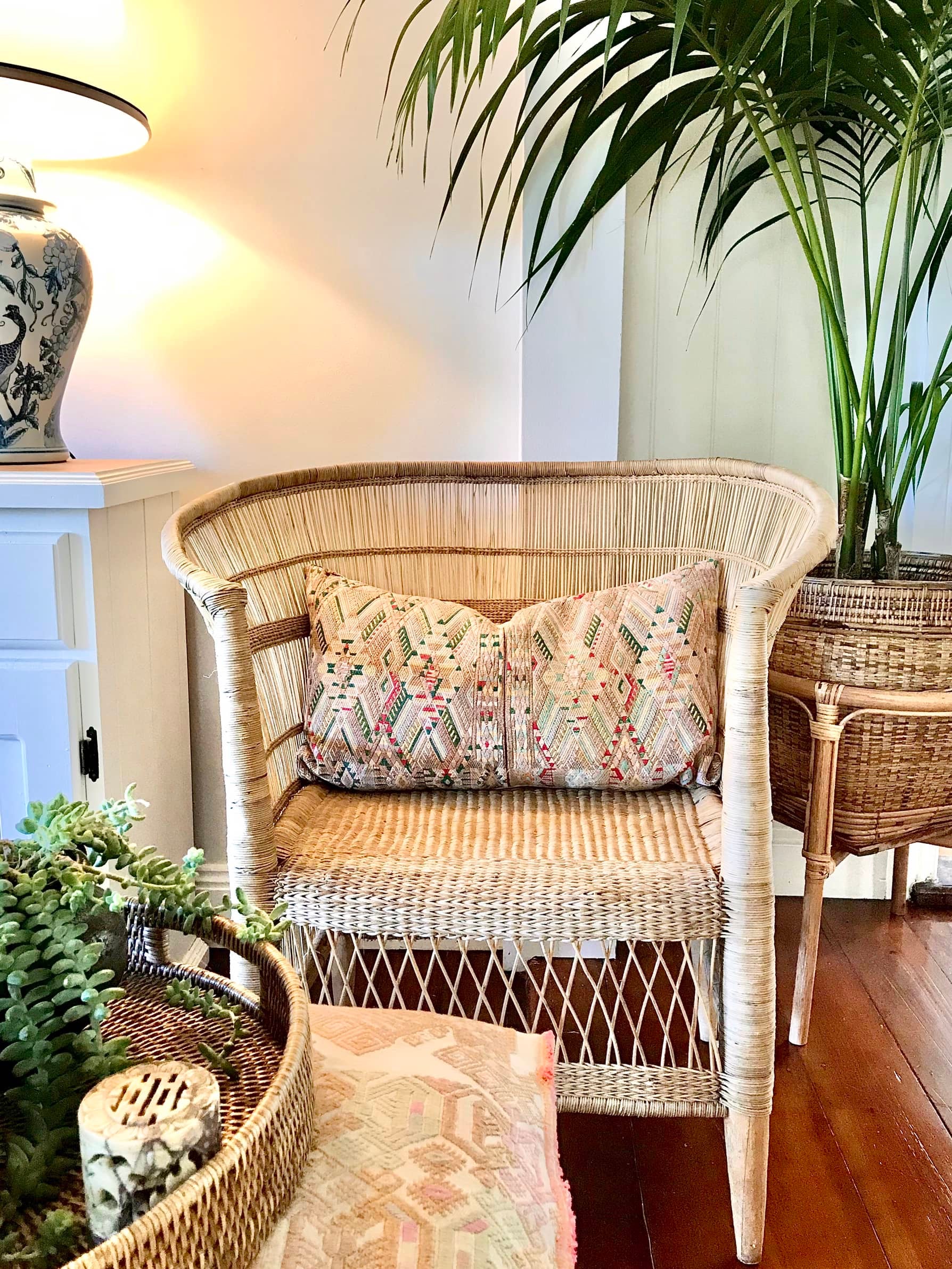 Guatemalan embroidered huipil pillow. Geometric chevron pattern in beige.