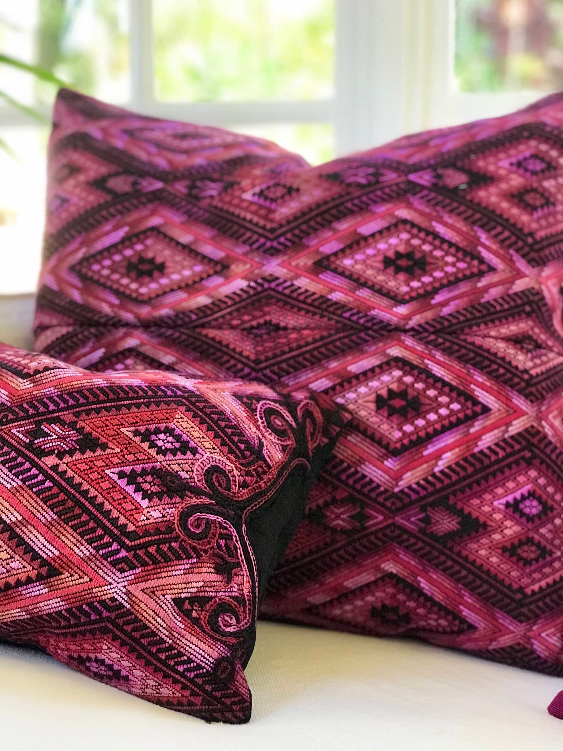 Guatemalan embroidered huipil pillow. Geometric chevron design in bold fuchsia