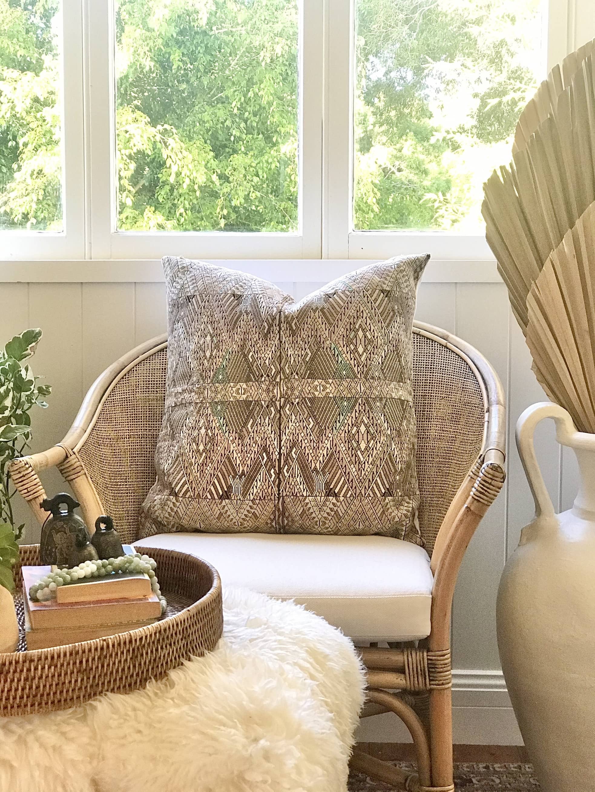 Guatemalan embroidered huipil pillow. Geometric chevron design in soft brown