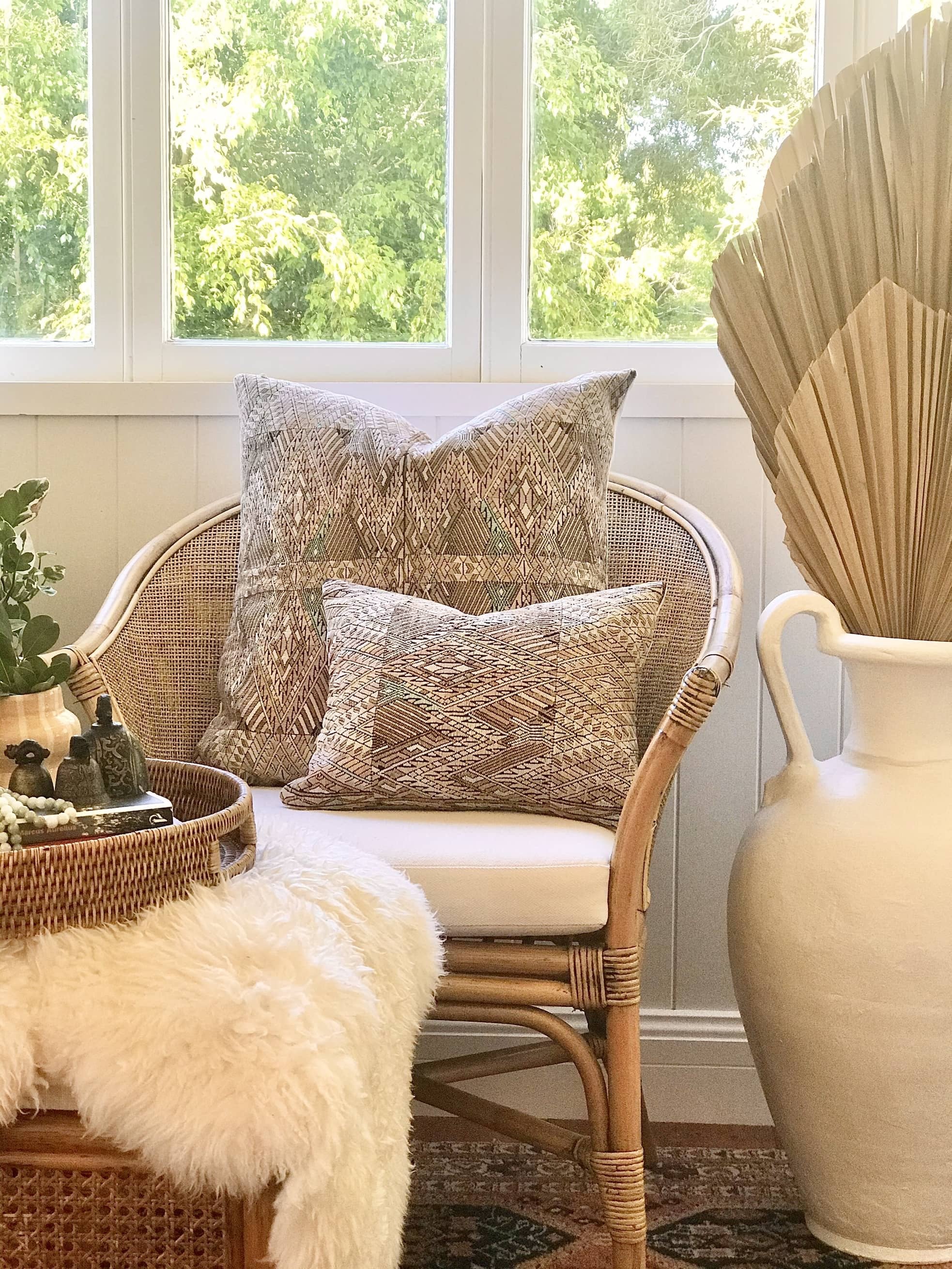 Guatemalan embroidered huipil pillow. Geometric chevron design in soft brown