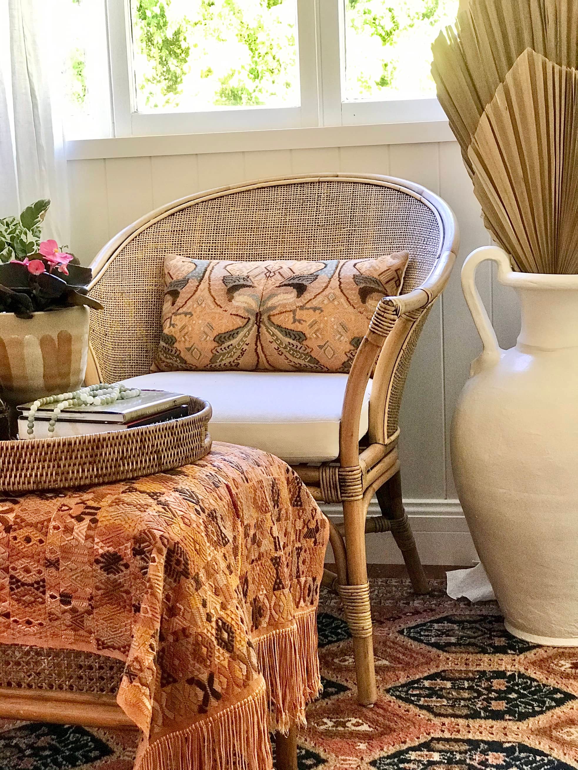Guatemalan embroidered huipil pillow. Exotic yellow peacock birds in a maximalist bohemian design
