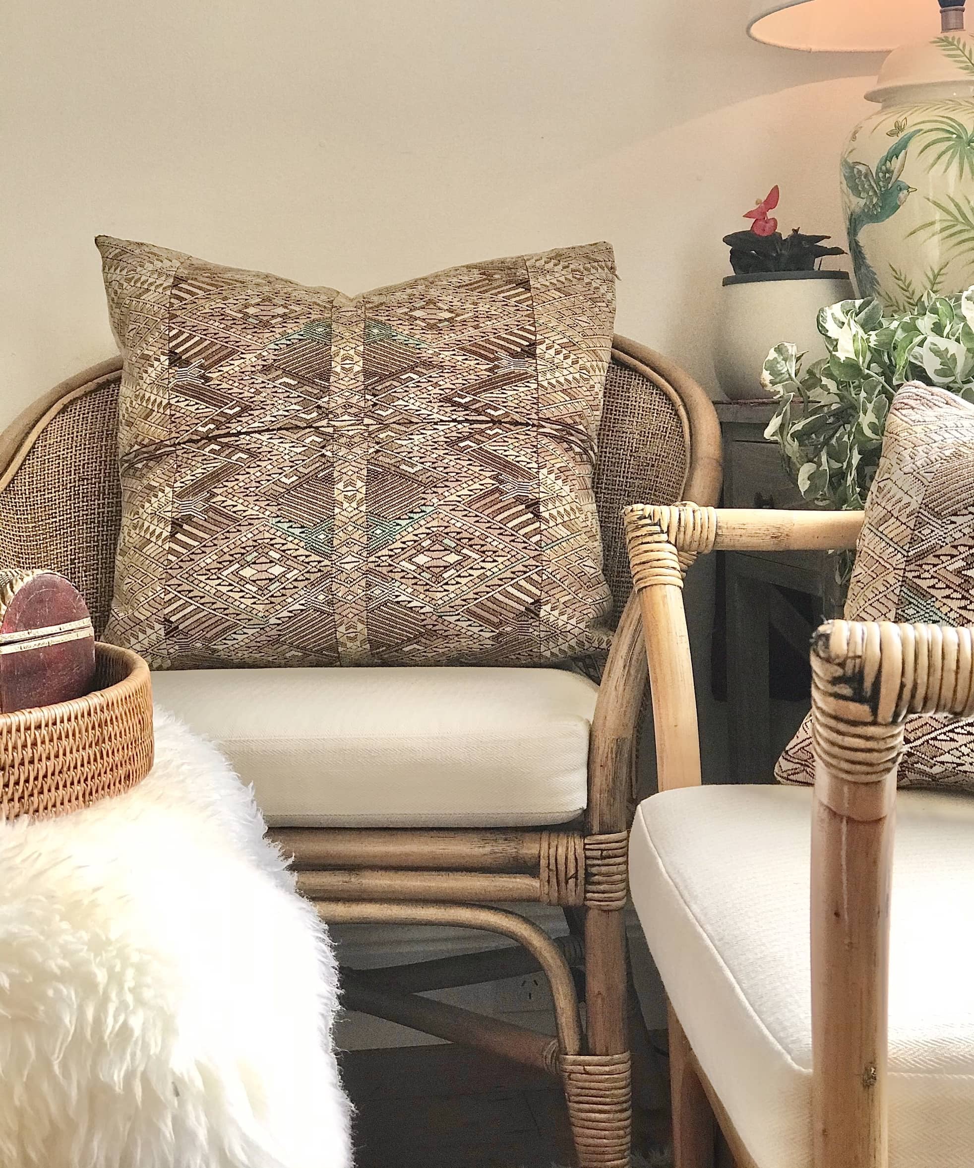 Guatemalan embroidered huipil pillow. Geometric chevron design in soft brown