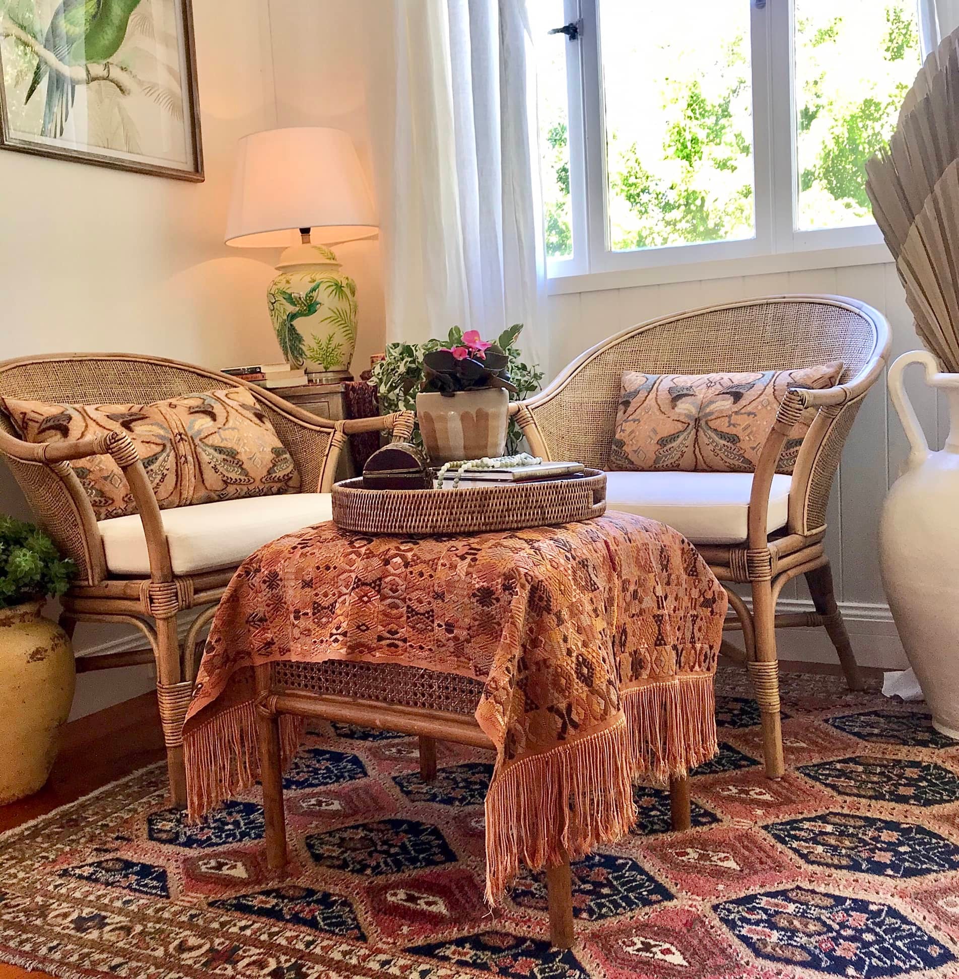 Guatemalan embroidered huipil pillow. Exotic yellow peacock birds in a maximalist bohemian design