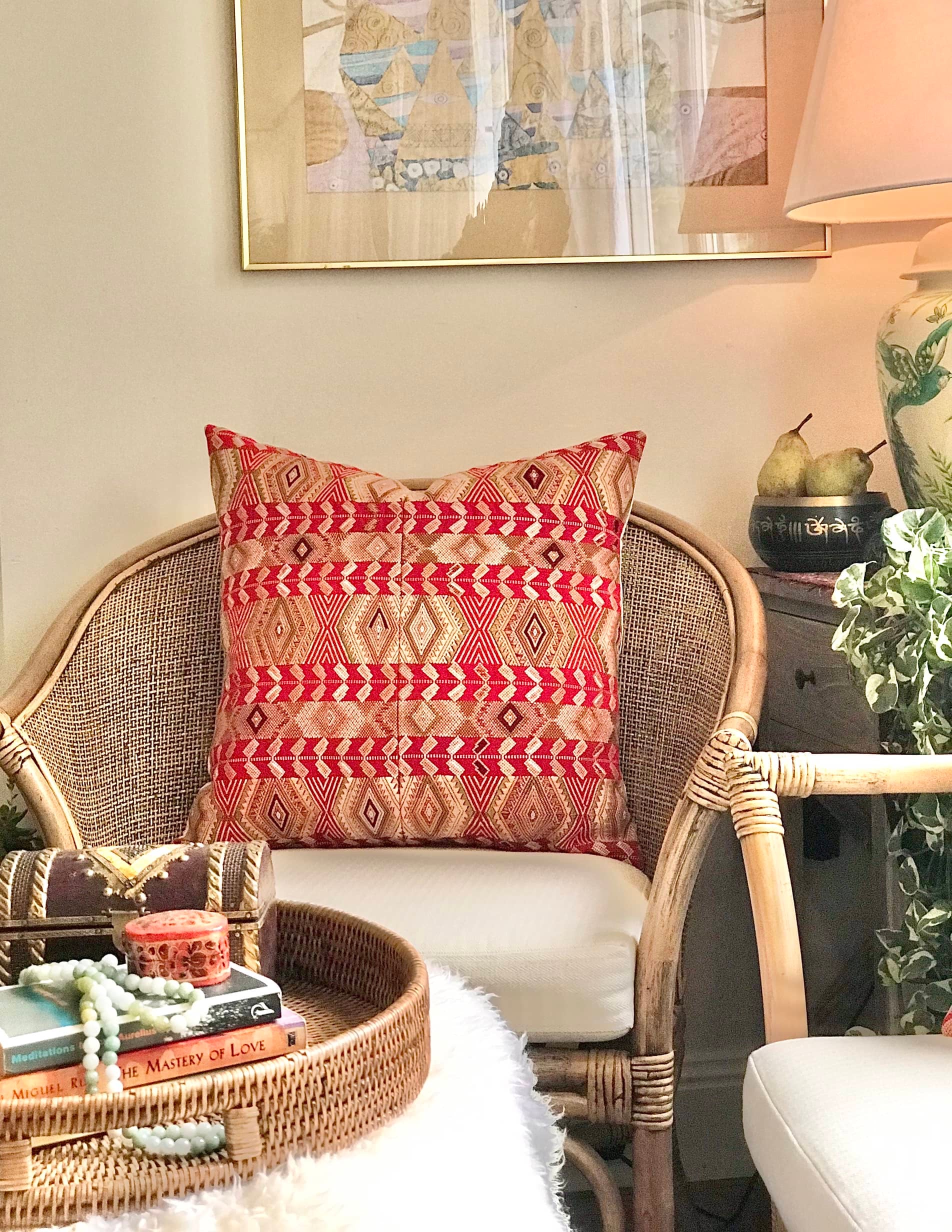 Guatemalan Huipil Pillow, vintage, hand embroidered red and gold Chichicastenango textile depicting a geometric design representing wheat