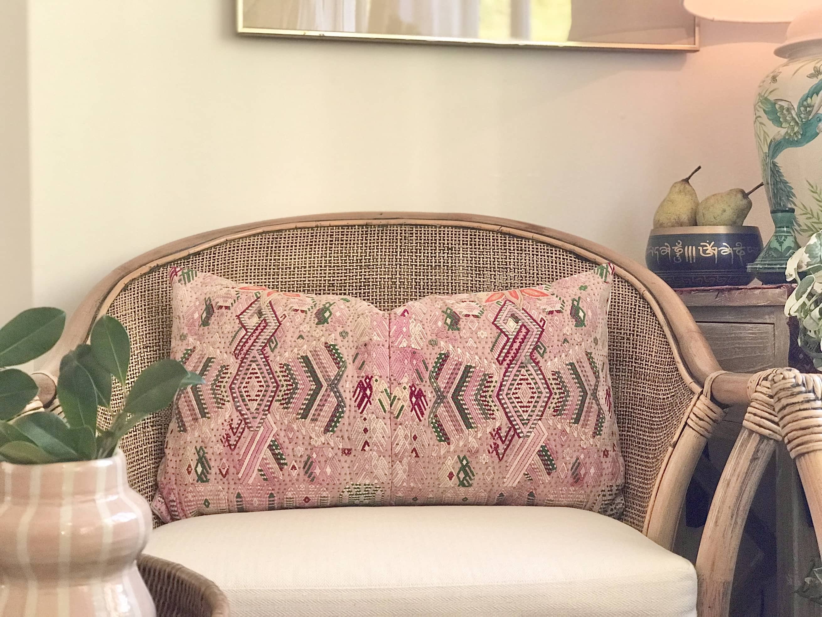 Guatemalan Huipil Pillow, vintage, hand embroidered stylised birds in pink and green in a shabby chic design