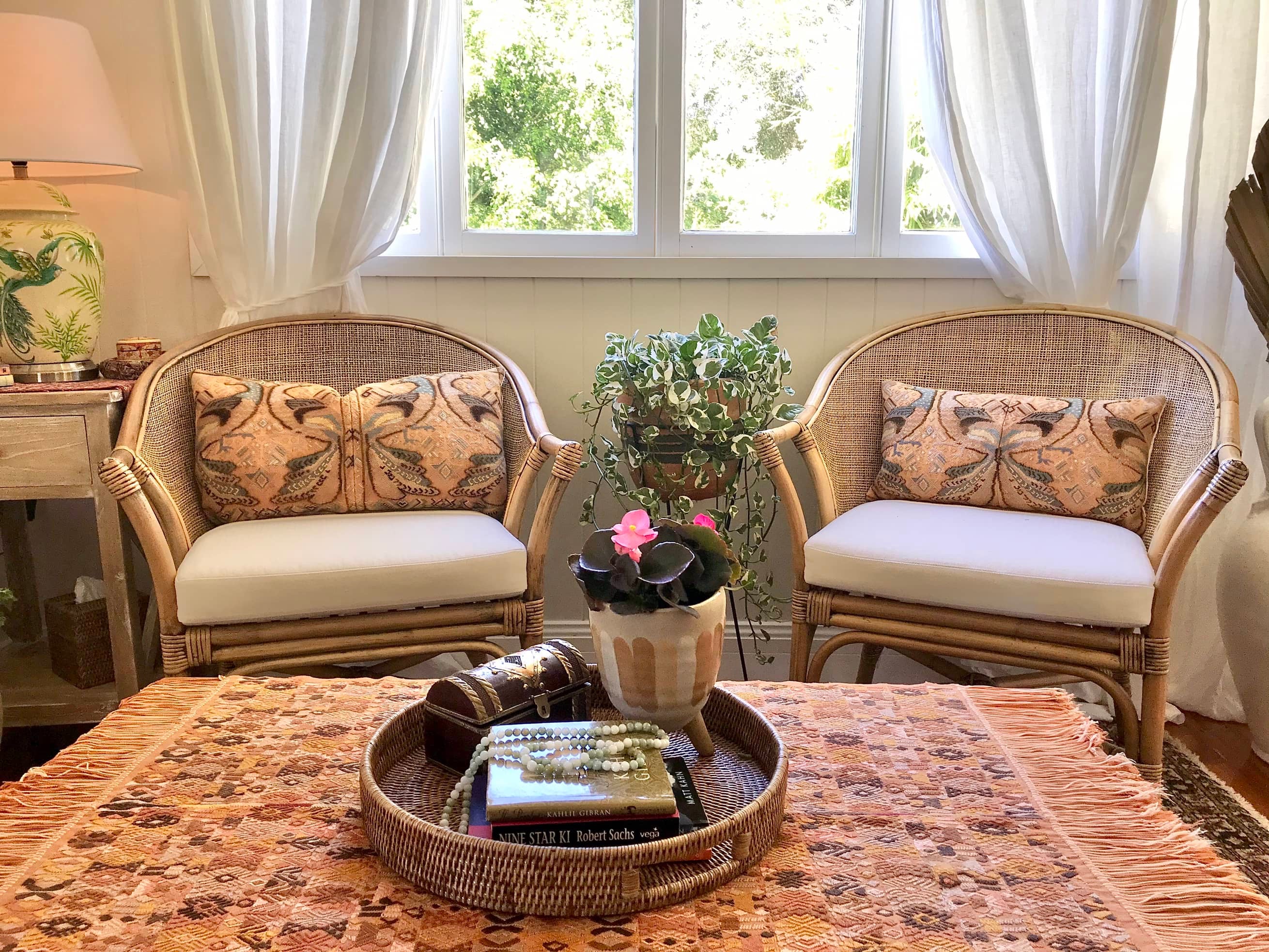 Guatemalan embroidered huipil pillow. Exotic yellow peacock birds in a maximalist bohemian design