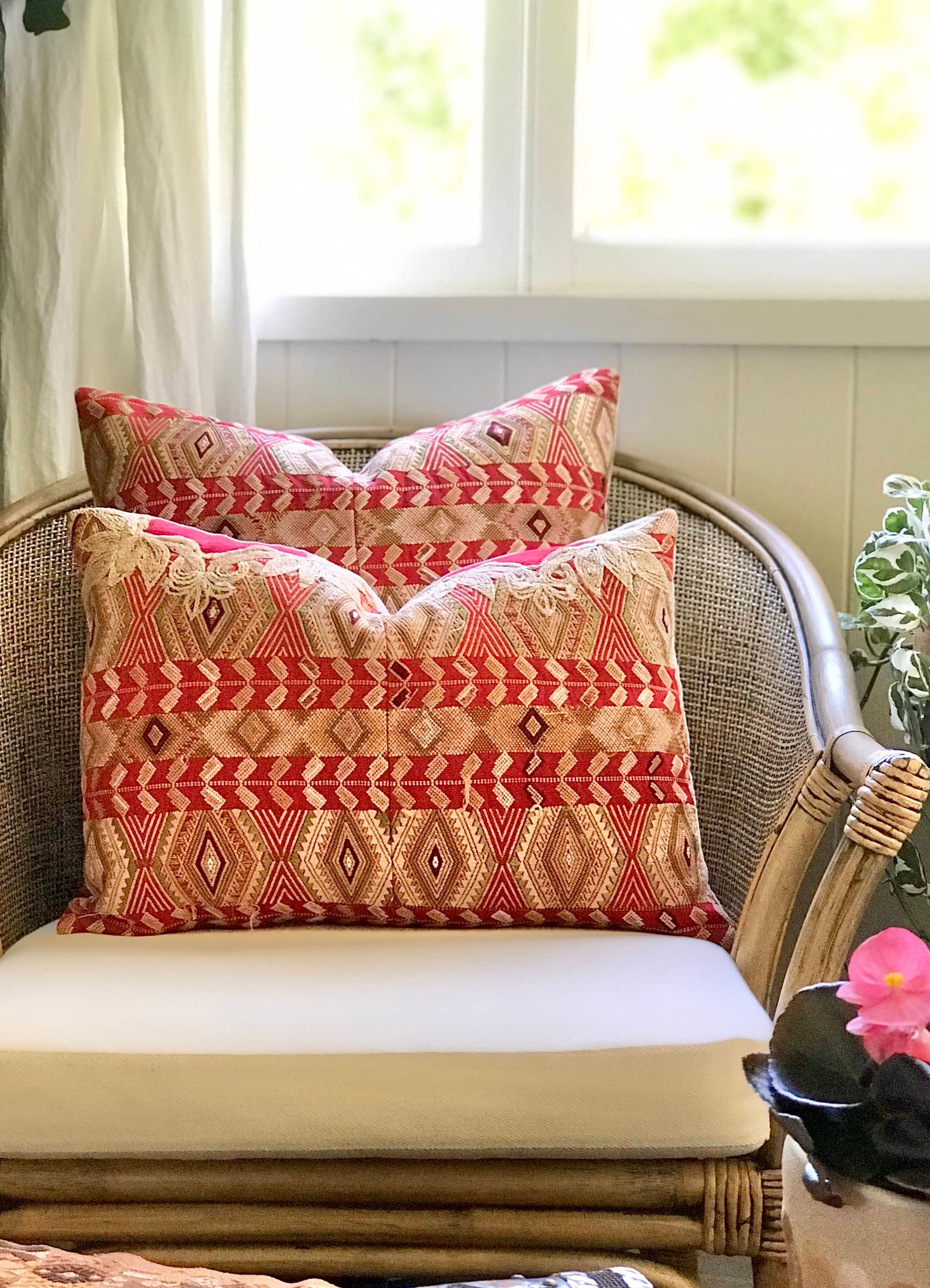 Guatemalan Huipil Pillow, vintage, hand embroidered red and gold Chichicastenango textile depicting a geometric design representing wheat