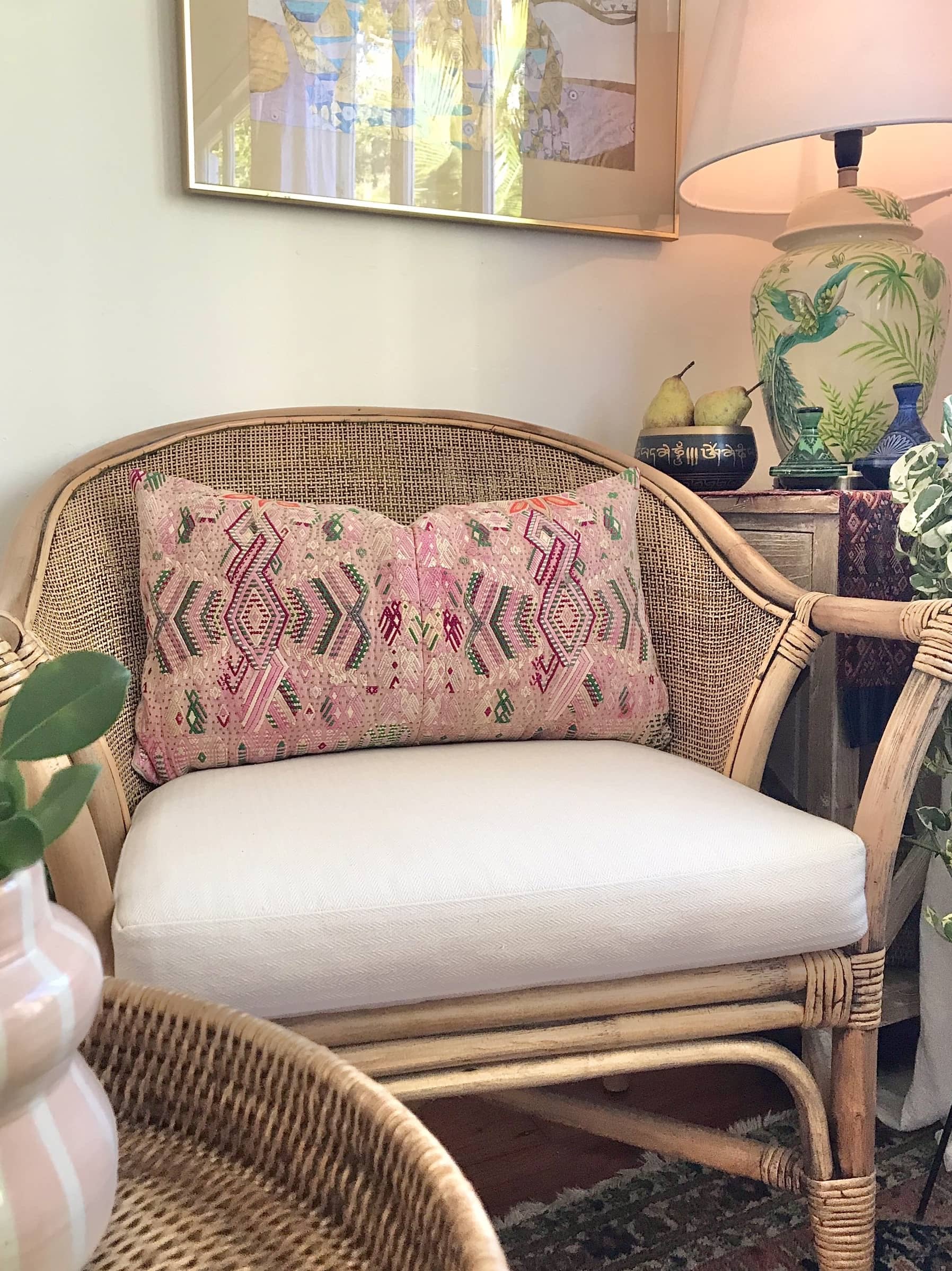 Guatemalan Huipil Pillow, vintage, hand embroidered stylised birds in pink and green in a shabby chic design