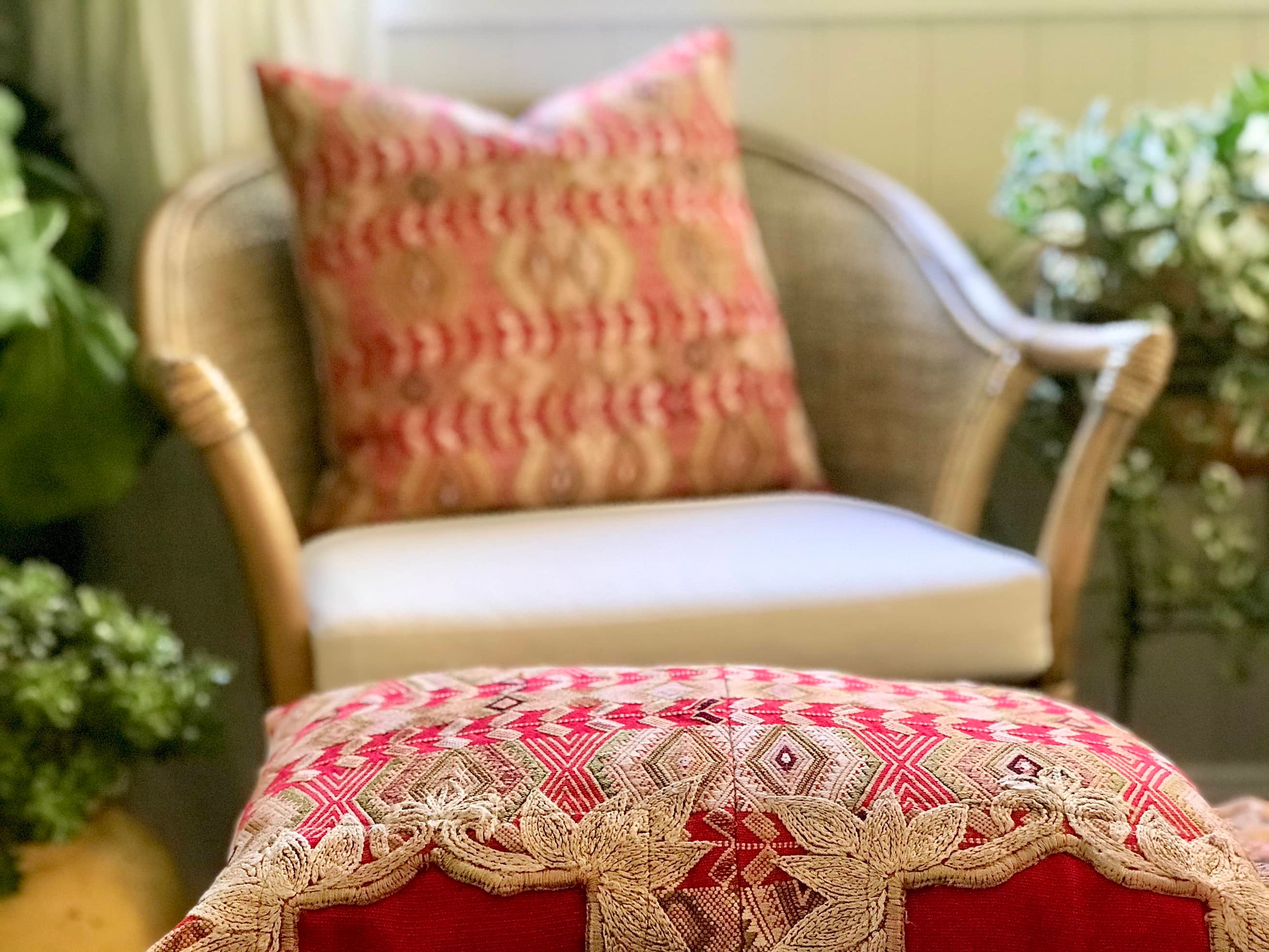 Guatemalan Huipil Pillow, vintage, hand embroidered red and gold Chichicastenango textile depicting a geometric design representing wheat