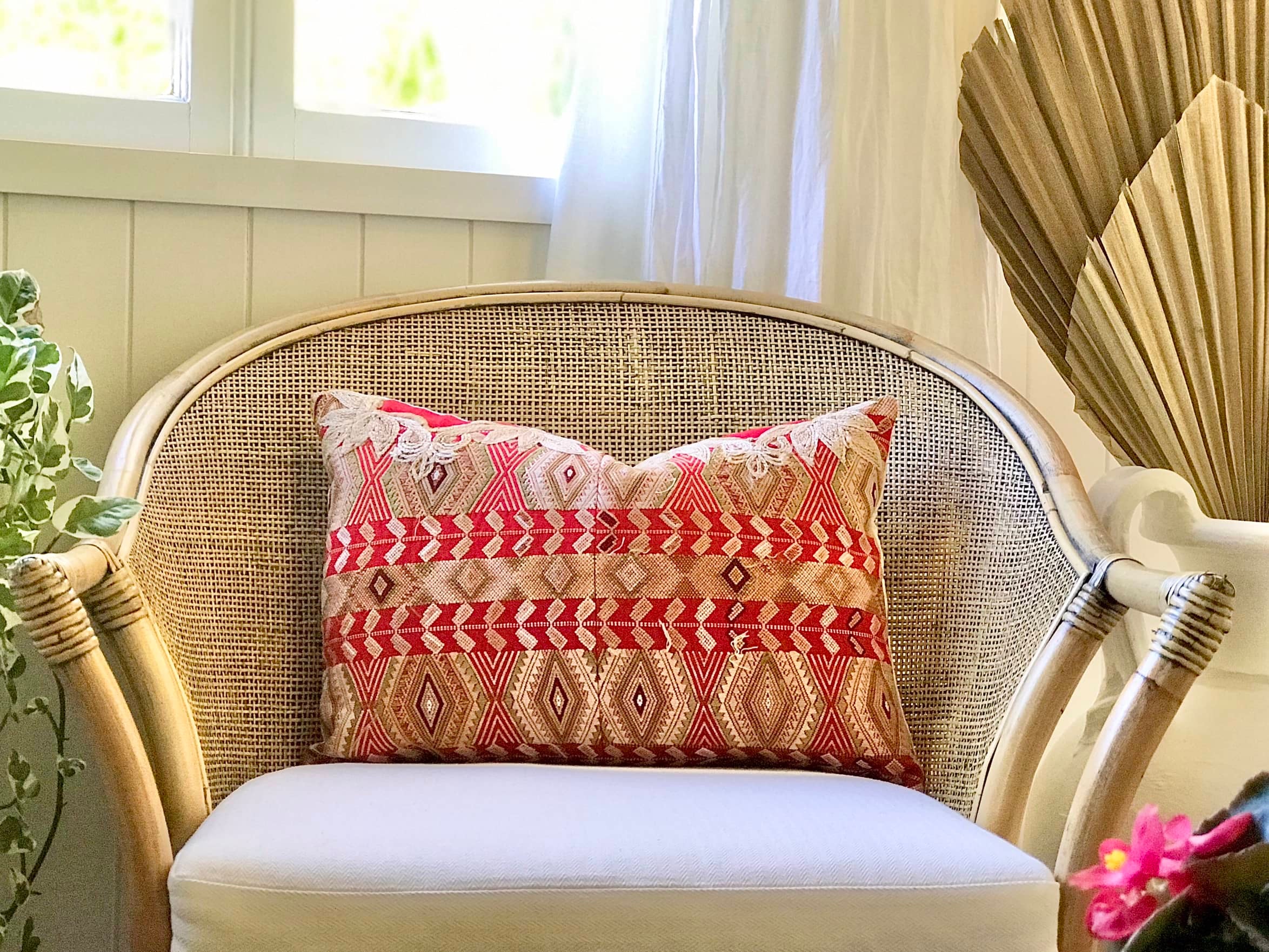 Guatemalan Huipil Pillow, vintage, hand embroidered red and gold Chichicastenango textile depicting a geometric design representing wheat