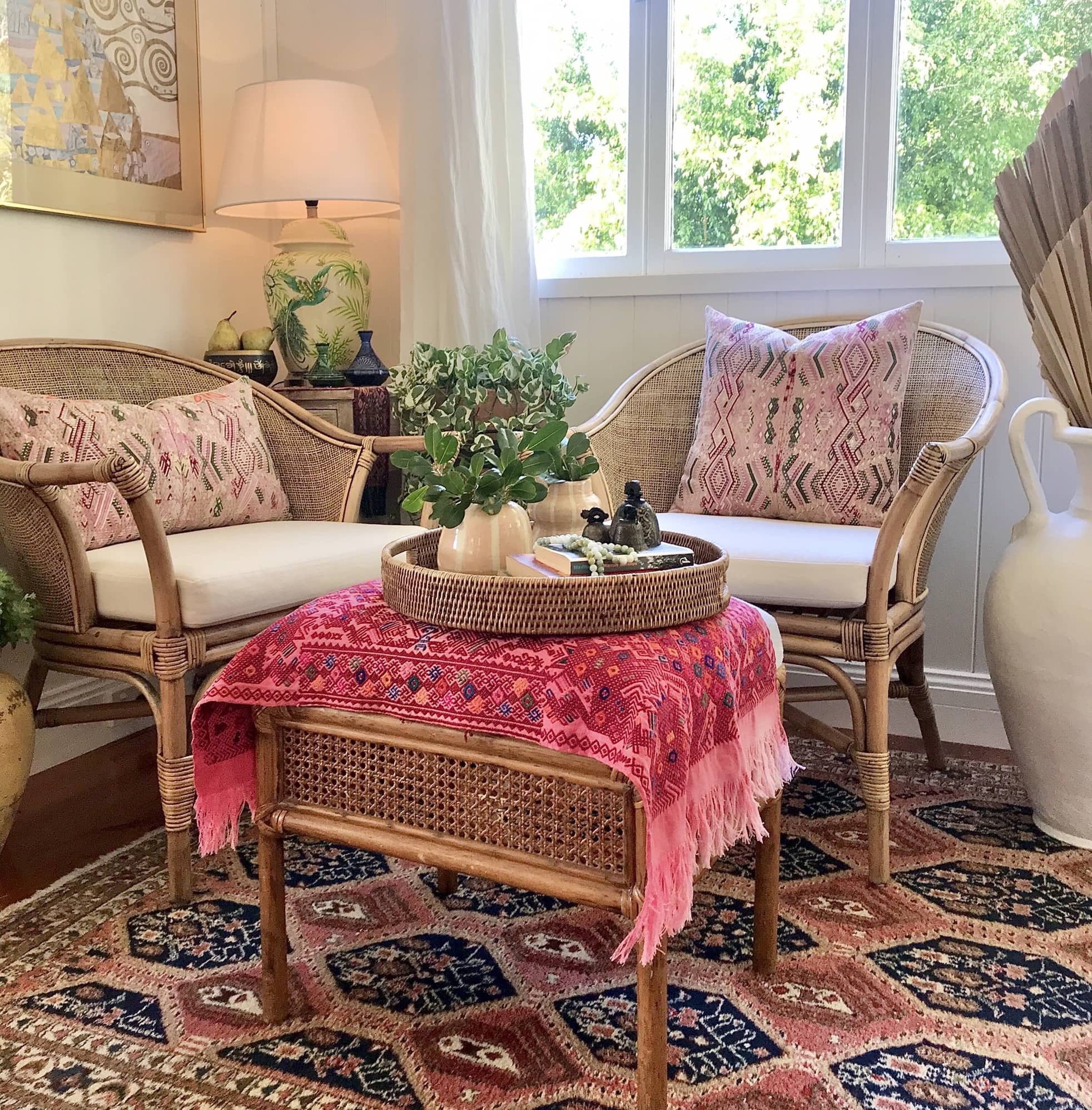 Guatemalan Huipil Pillow, vintage, hand embroidered stylised birds in pink and green in a shabby chic design