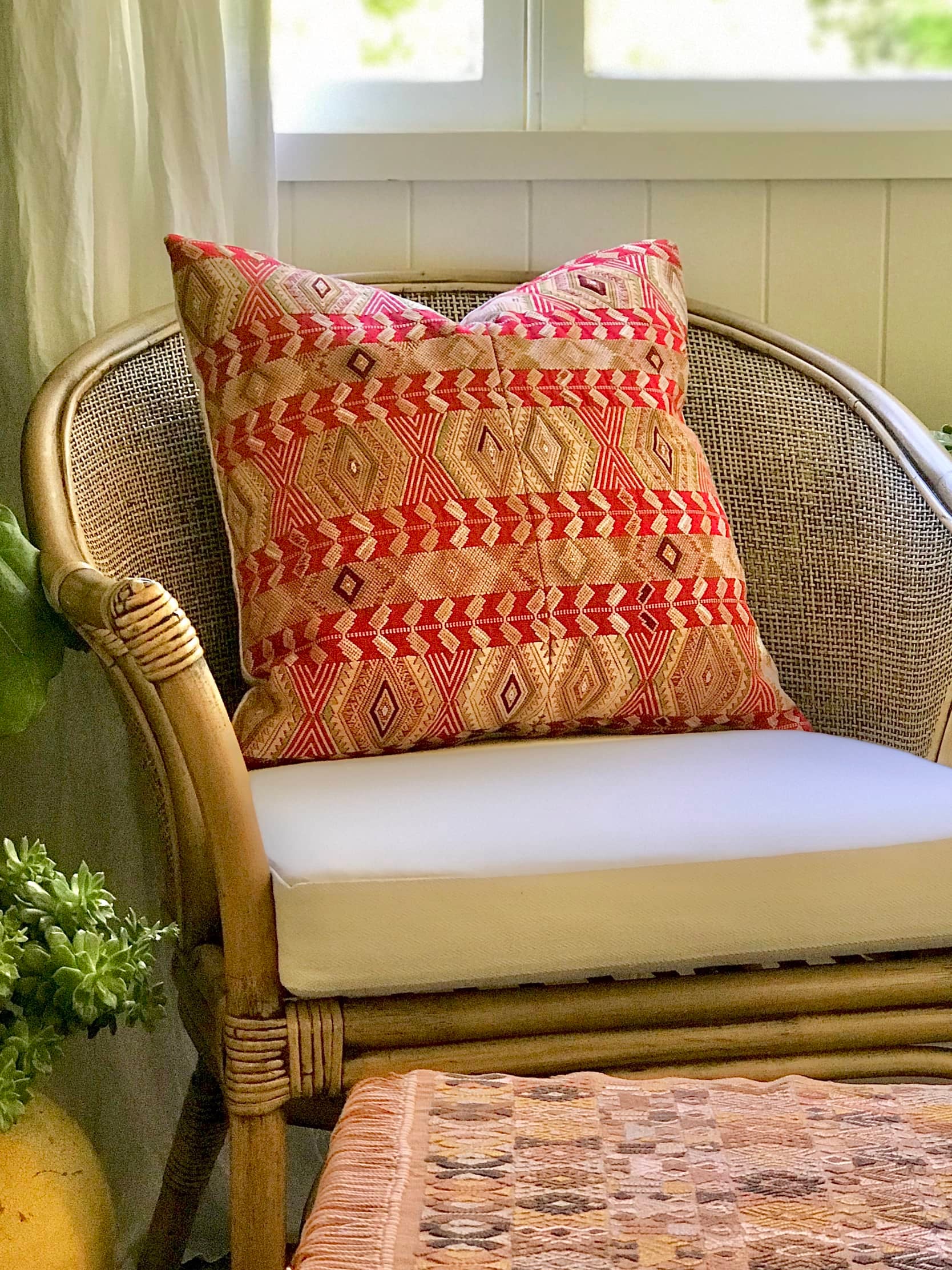 Guatemalan Huipil Pillow, vintage, hand embroidered red and gold Chichicastenango textile depicting a geometric design representing wheat