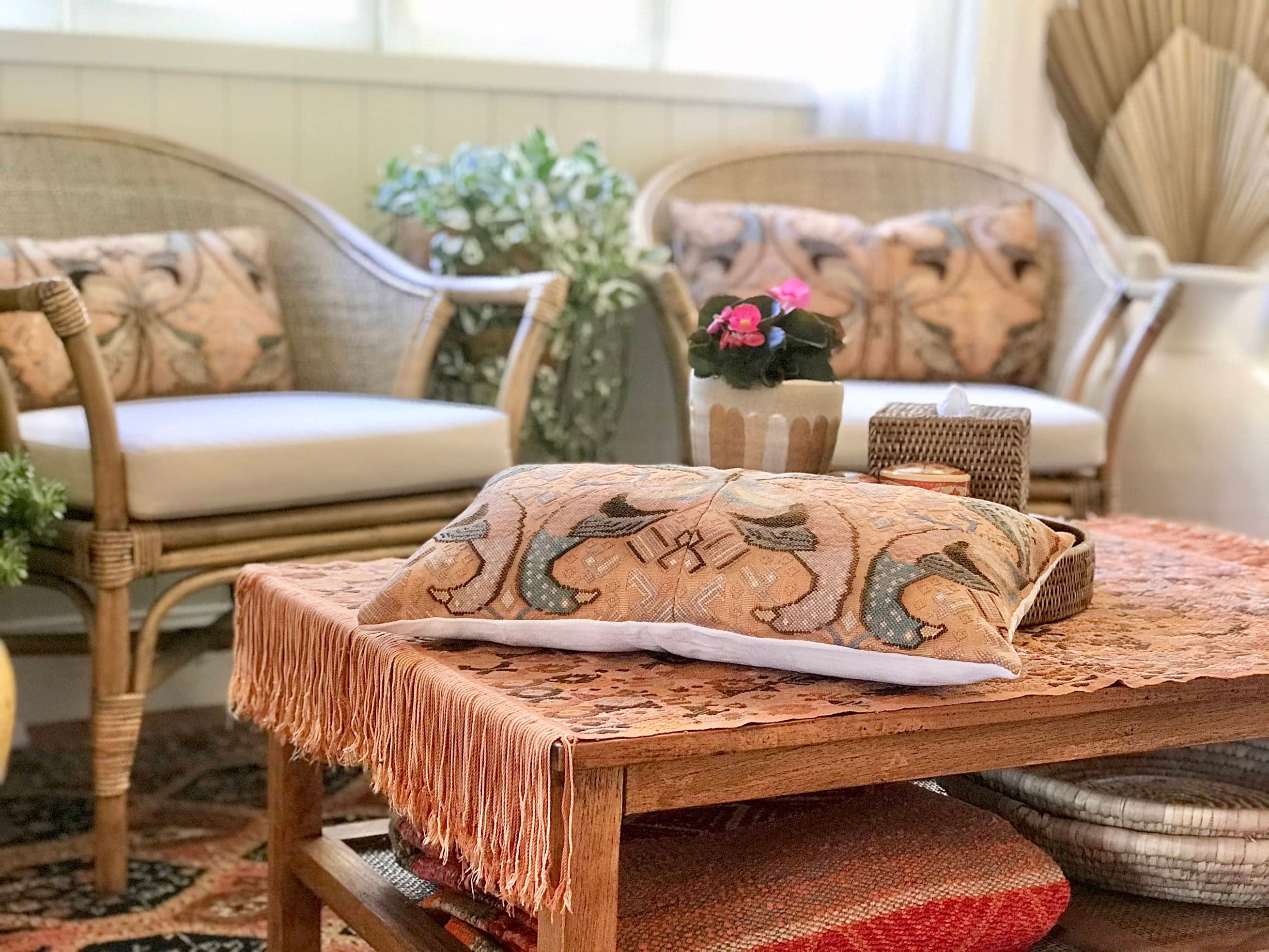 Guatemalan embroidered huipil pillow. Exotic yellow peacock birds in a maximalist bohemian design