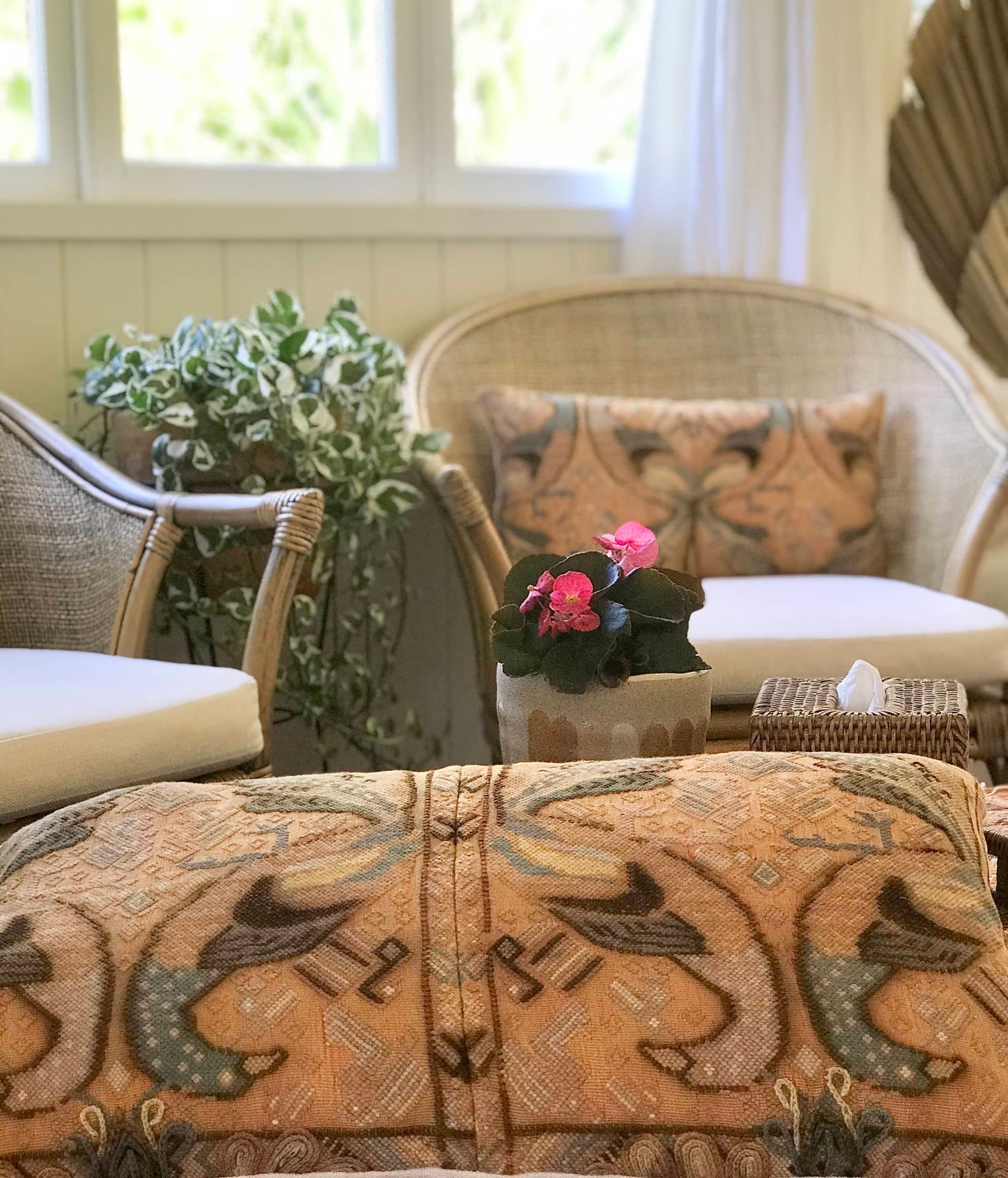 Guatemalan embroidered huipil pillow. Exotic yellow peacock birds in a maximalist bohemian design