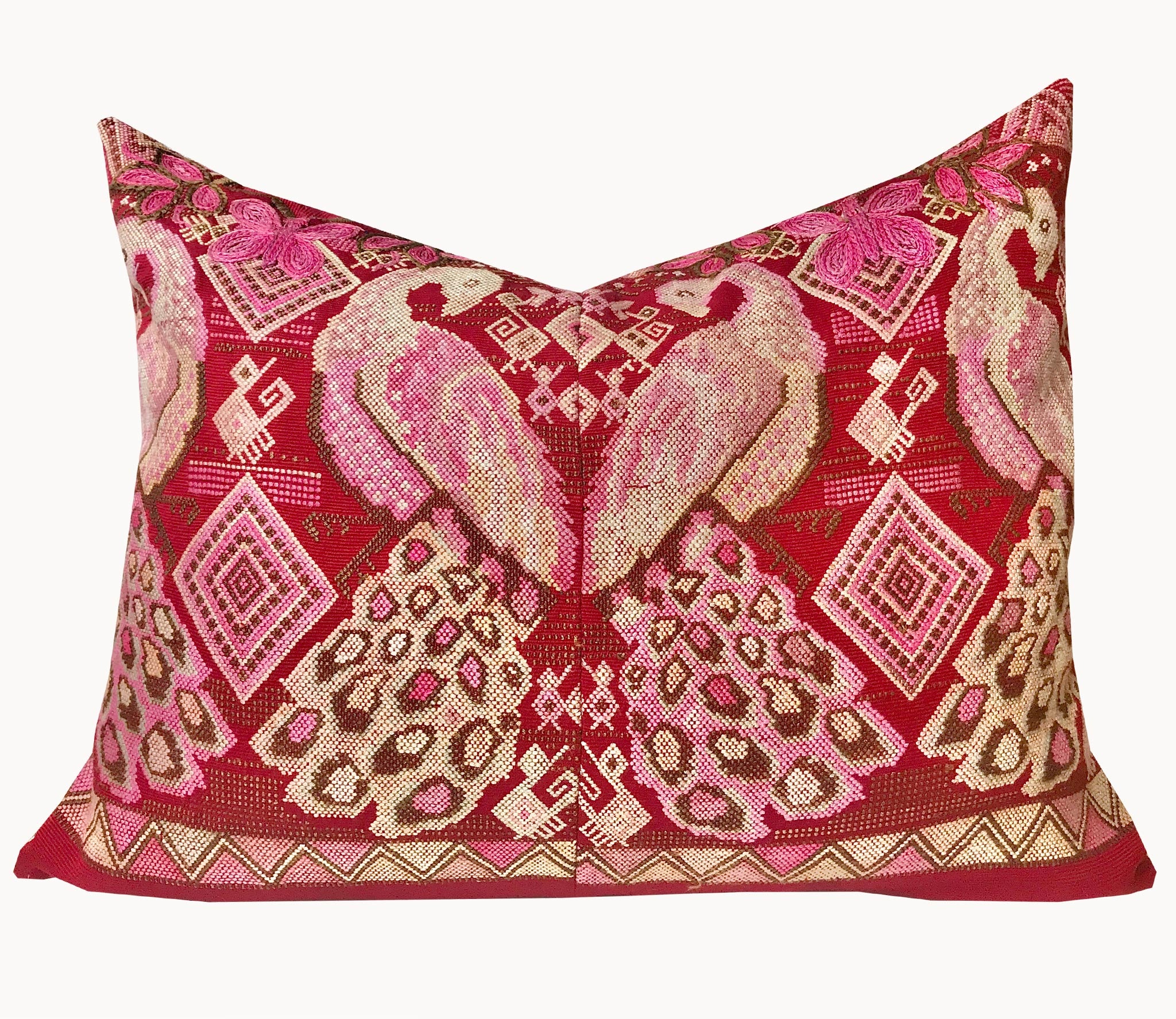 Guatemalan huipil pillow. A vintage textile with a red peacock bird design.