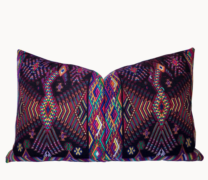 Guatemalan huipil pillow. A darkly exotic vintage textile with a stylised rising phoenix bird design.