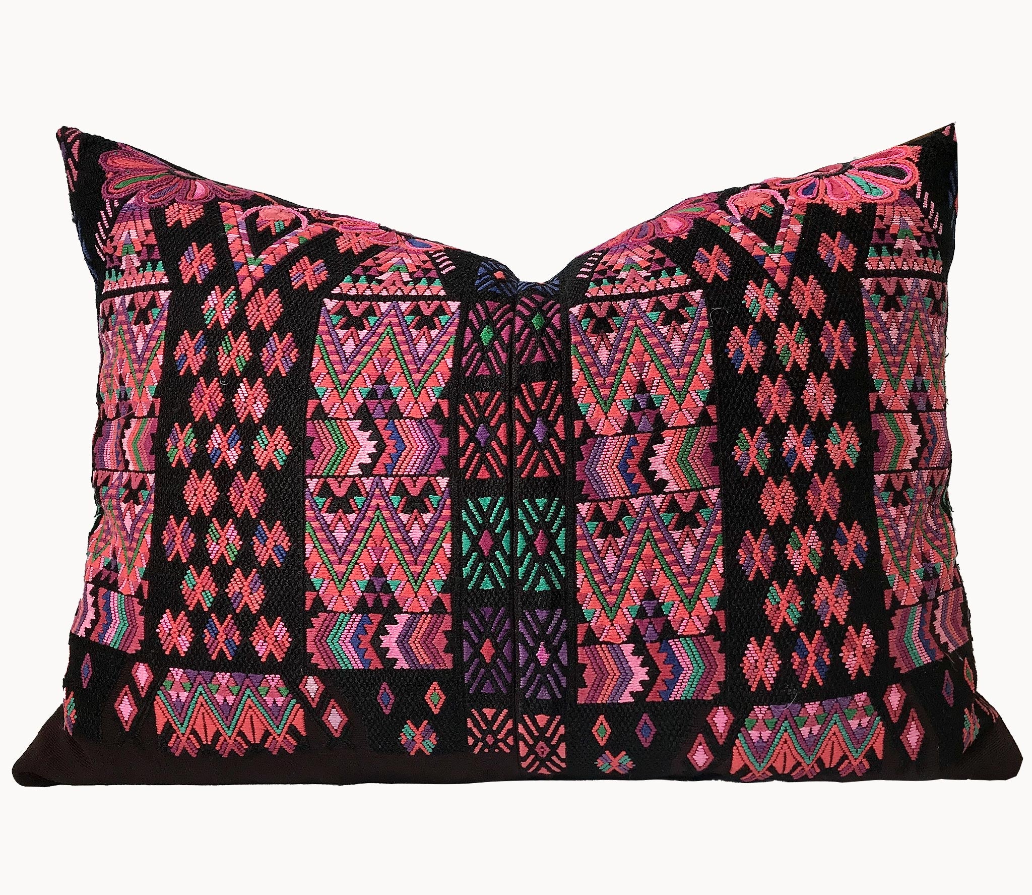 Guatemalan embroidered huipil pillow. Colourful abstract tribal symbols on this vintage textile.