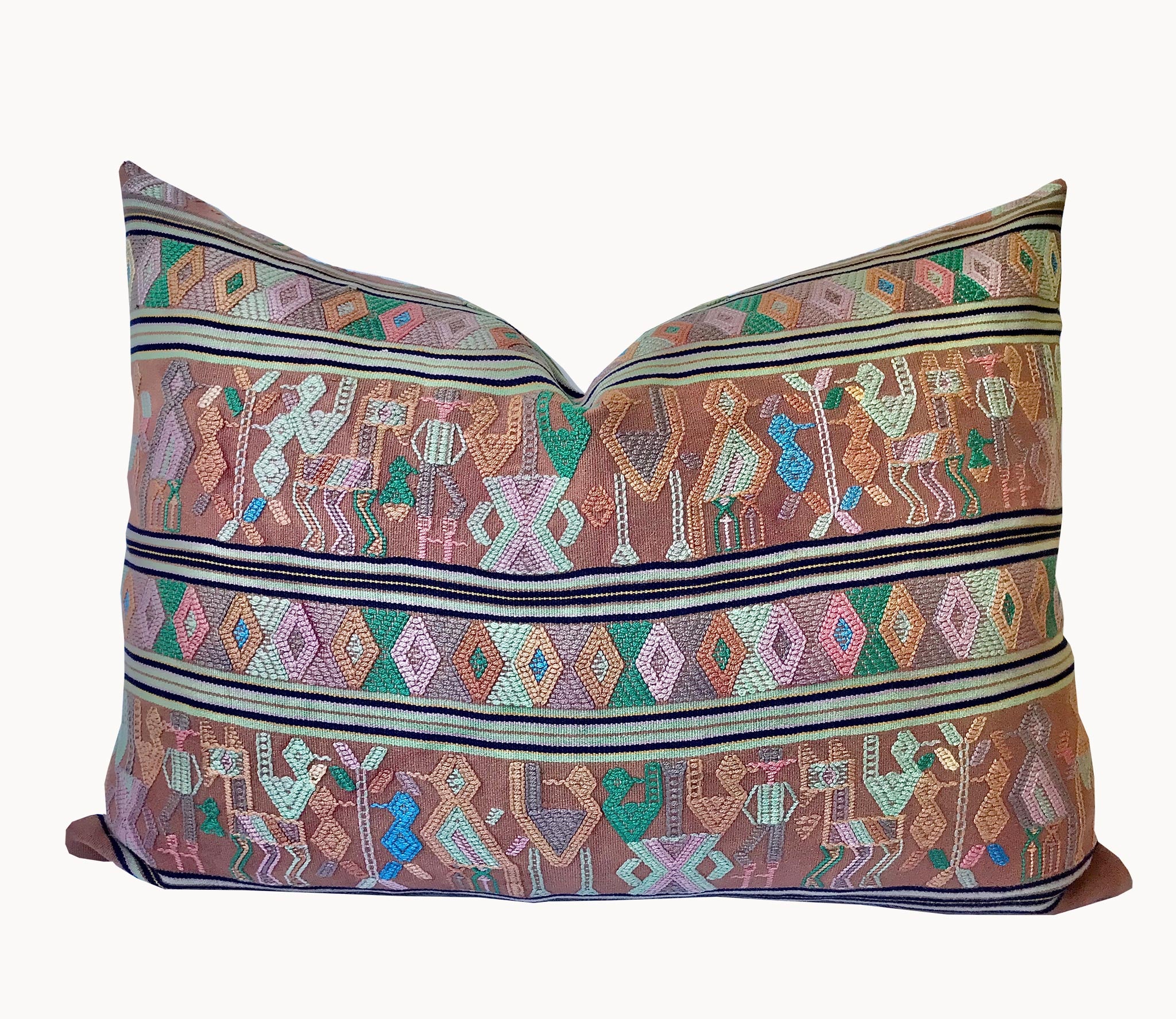 A Pair of Guatemalan Huipil Textile Pillows, vintage, hand embroidered striped tribal hieroglyphic design in aged coral