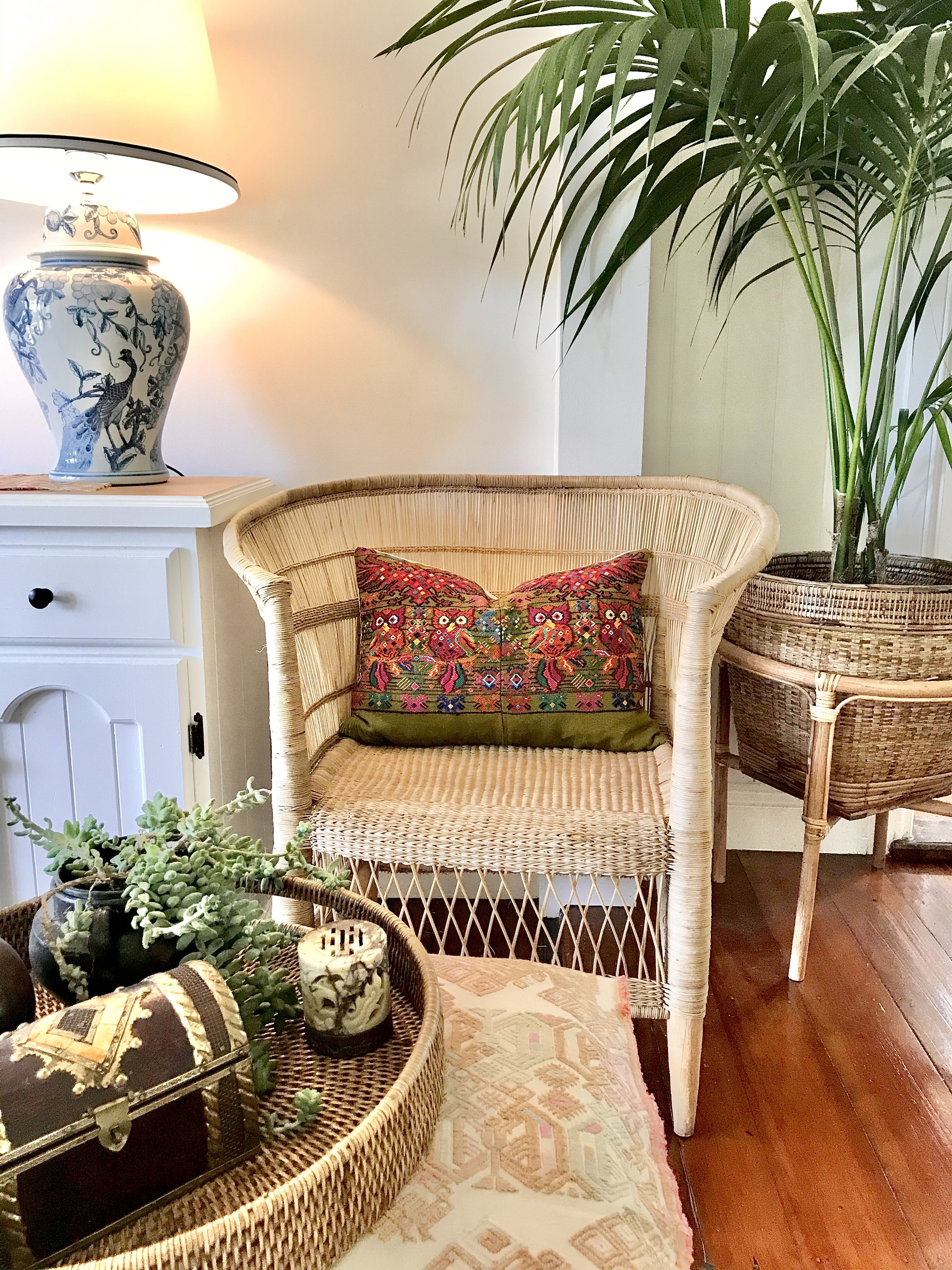 Guatemalan embroidered huipil pillow. Startled owls in a whimsical setting on avocado green cotton
