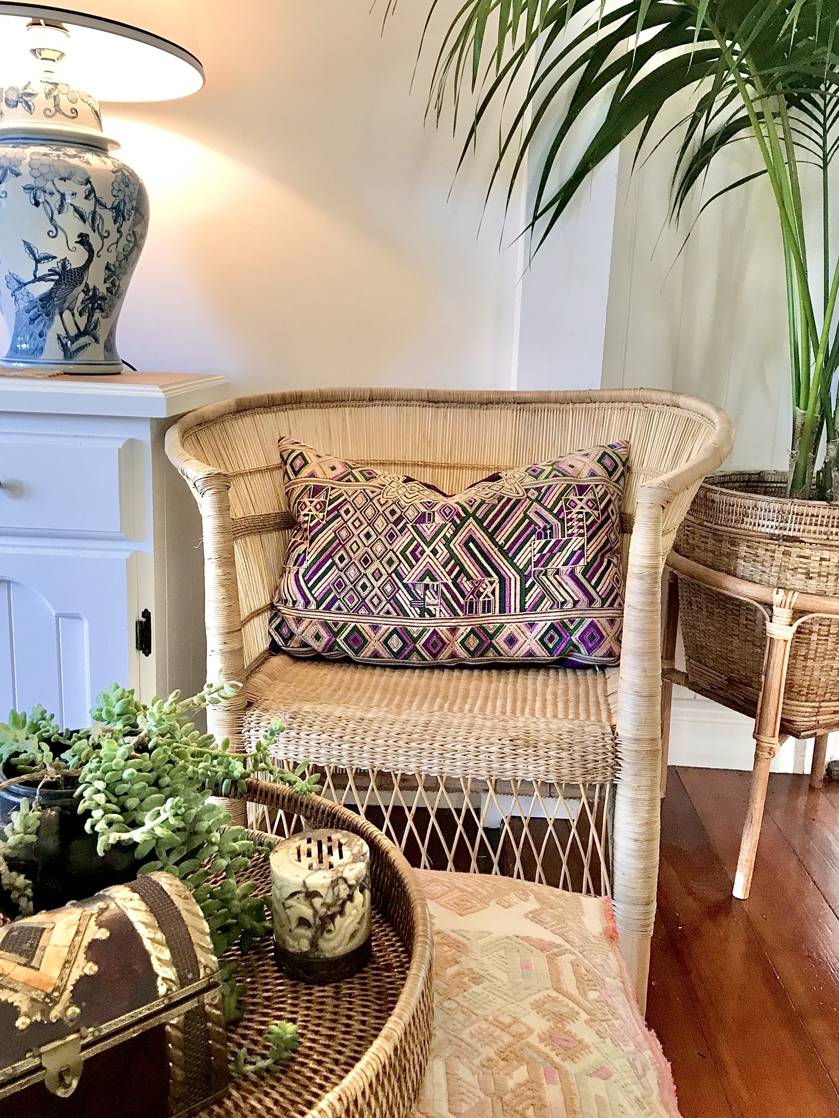 A Pair of Guatemalan Huipil Textile Pillows, vintage, hand embroidered purple and gold Art Deco, Hollywood regency lumbar cushions