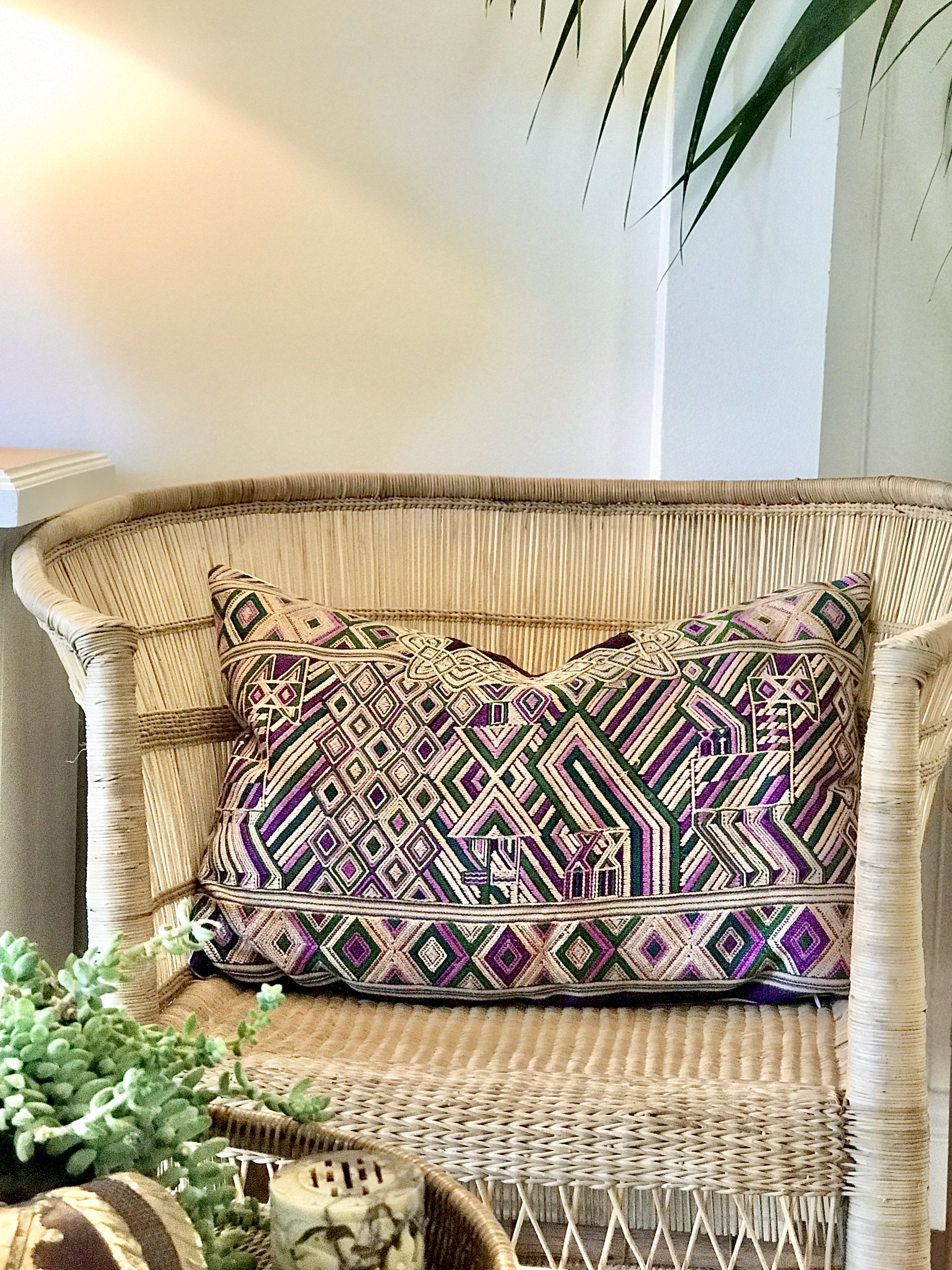 A Pair of Guatemalan Huipil Textile Pillows, vintage, hand embroidered purple and gold Art Deco, Hollywood regency lumbar cushions
