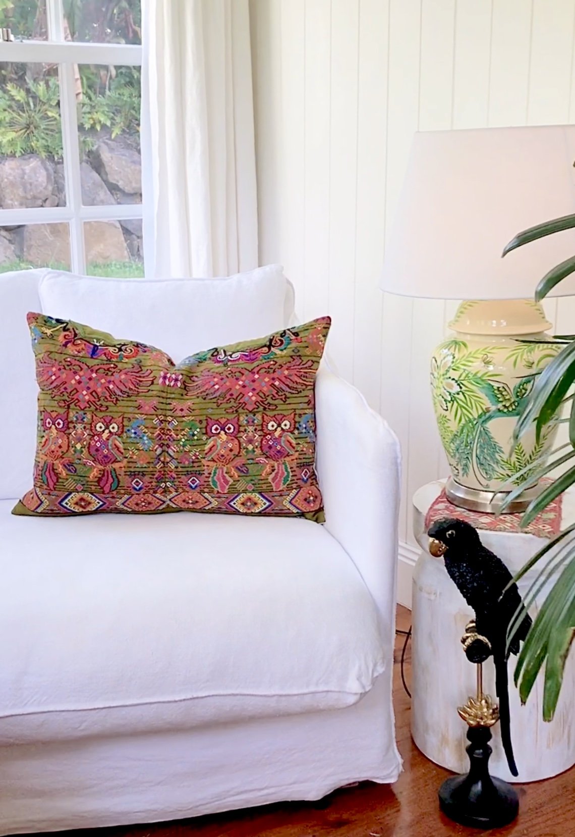 Guatemalan embroidered huipil pillow. Maximilist design of startled owls birds for bohemian decor.