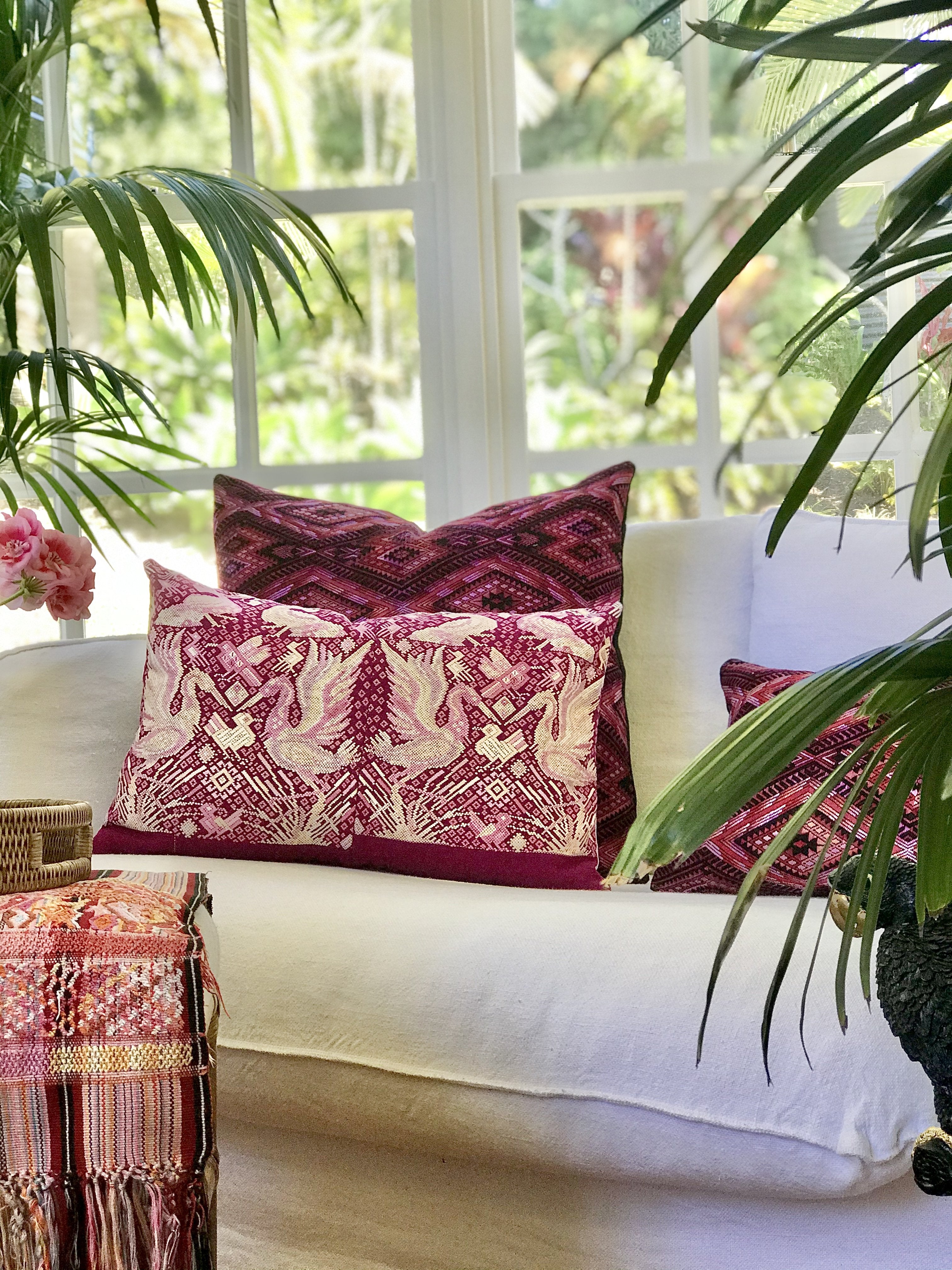 Guatemalan embroidered huipil pillow. Chinoiserie style of Ibis birds in bold fuchsia and white