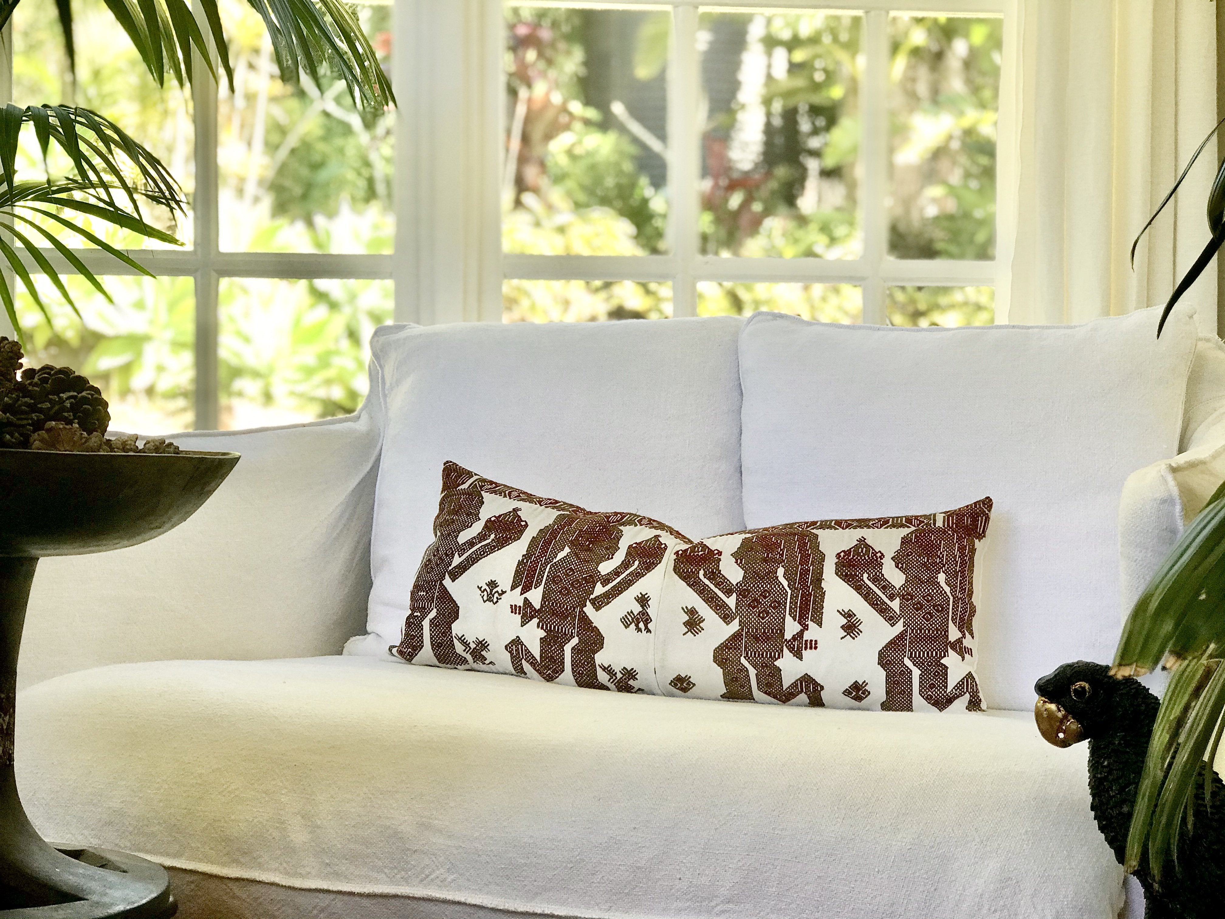 Guatemalan Huipil Textile Pillow, vintage, hand embroidered long lumbars of brown Mayan Shamans in ceremony