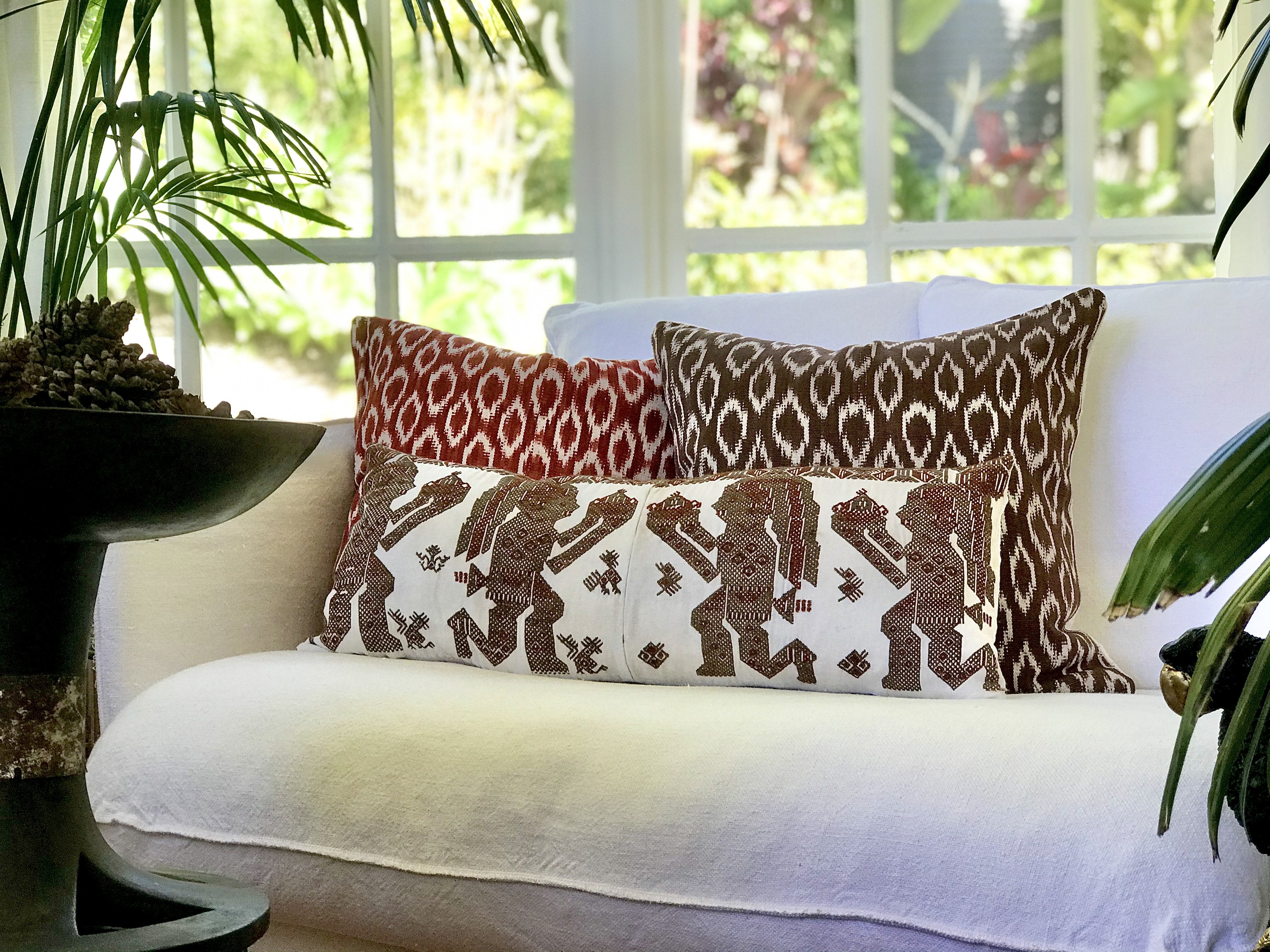 Guatemalan Huipil Textile Pillow, vintage, hand embroidered long lumbars of brown Mayan Shamans in ceremony