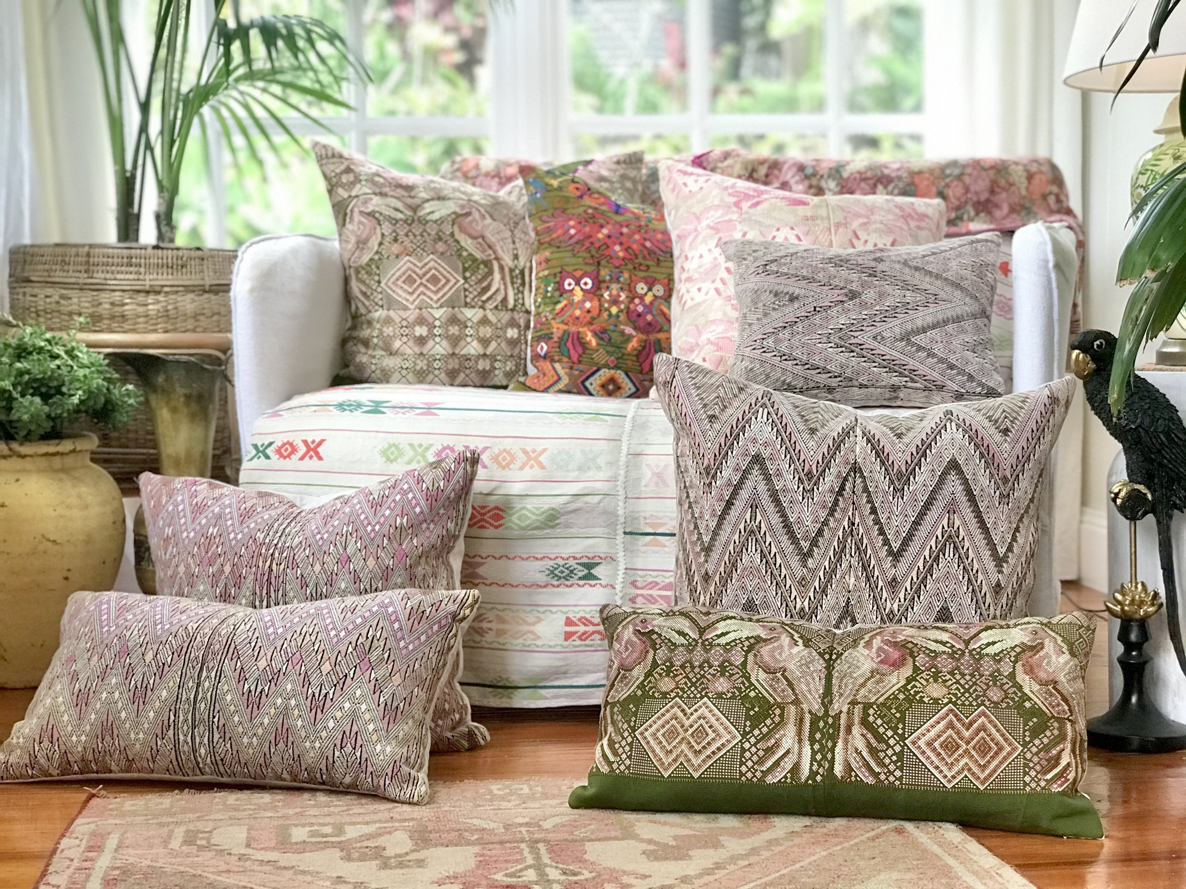 Guatemalan embroidered huipil pillow. Geometric tribal symbols for bohemian decor.