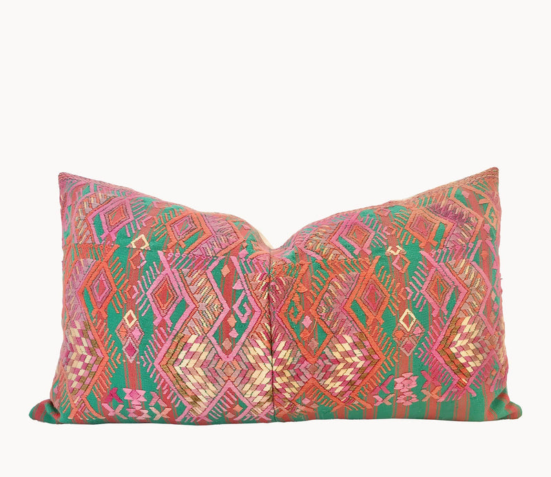 Guatemalan embroidered huipil pillow. Stylised horses on striped pink and green. Perfect for the nursery or a little girls bedroom.