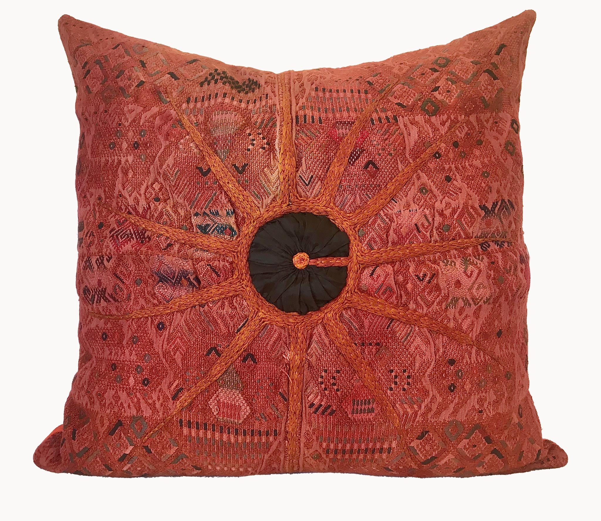 Guatemalan Huipil Textile Pillow, vintage, hand embroidered orange Nahuala huipil with a black sun in the centre