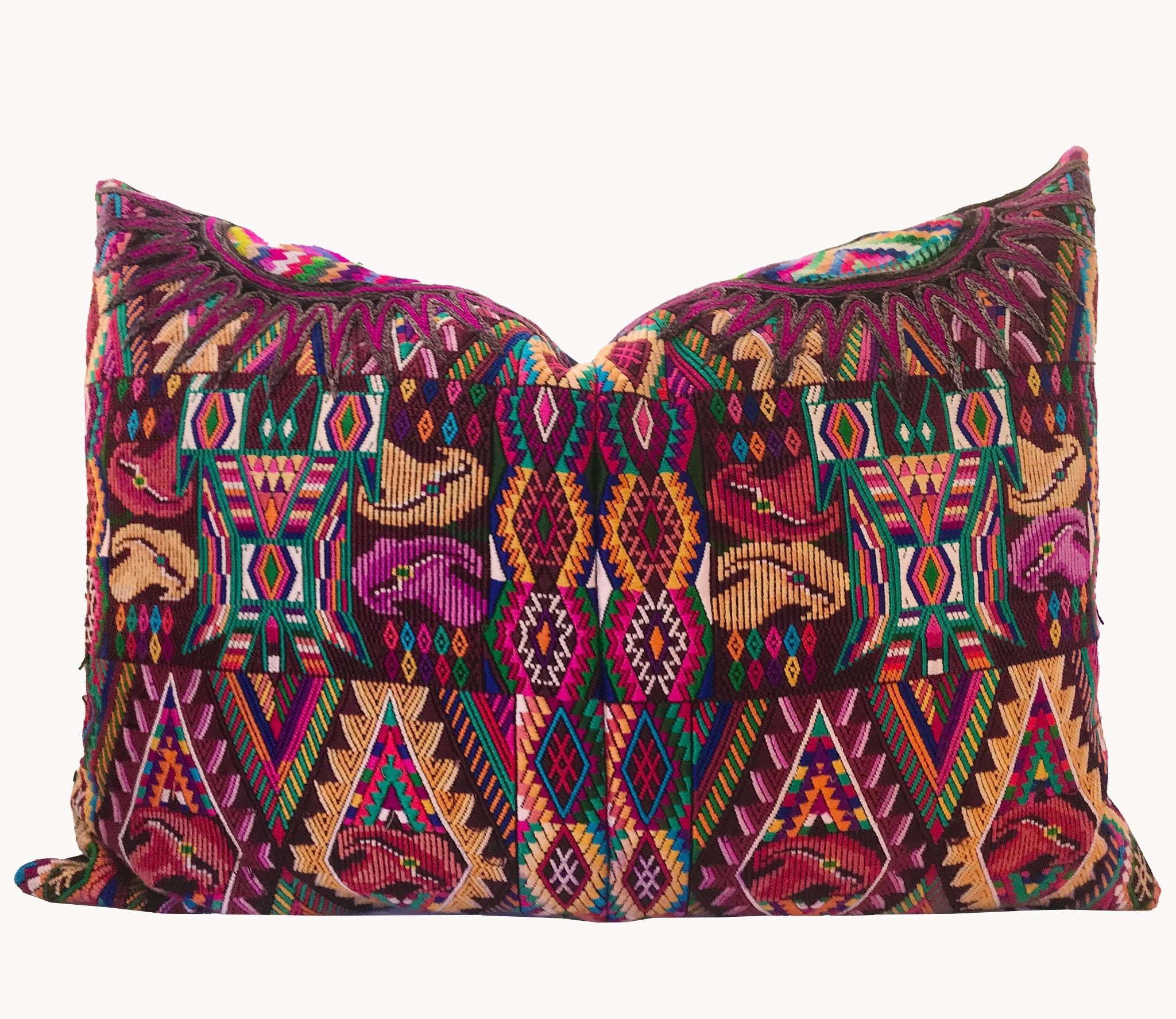 Guatemalan embroidered huipil pillow. Boldly colourful abstract geometric design for bohemian decor