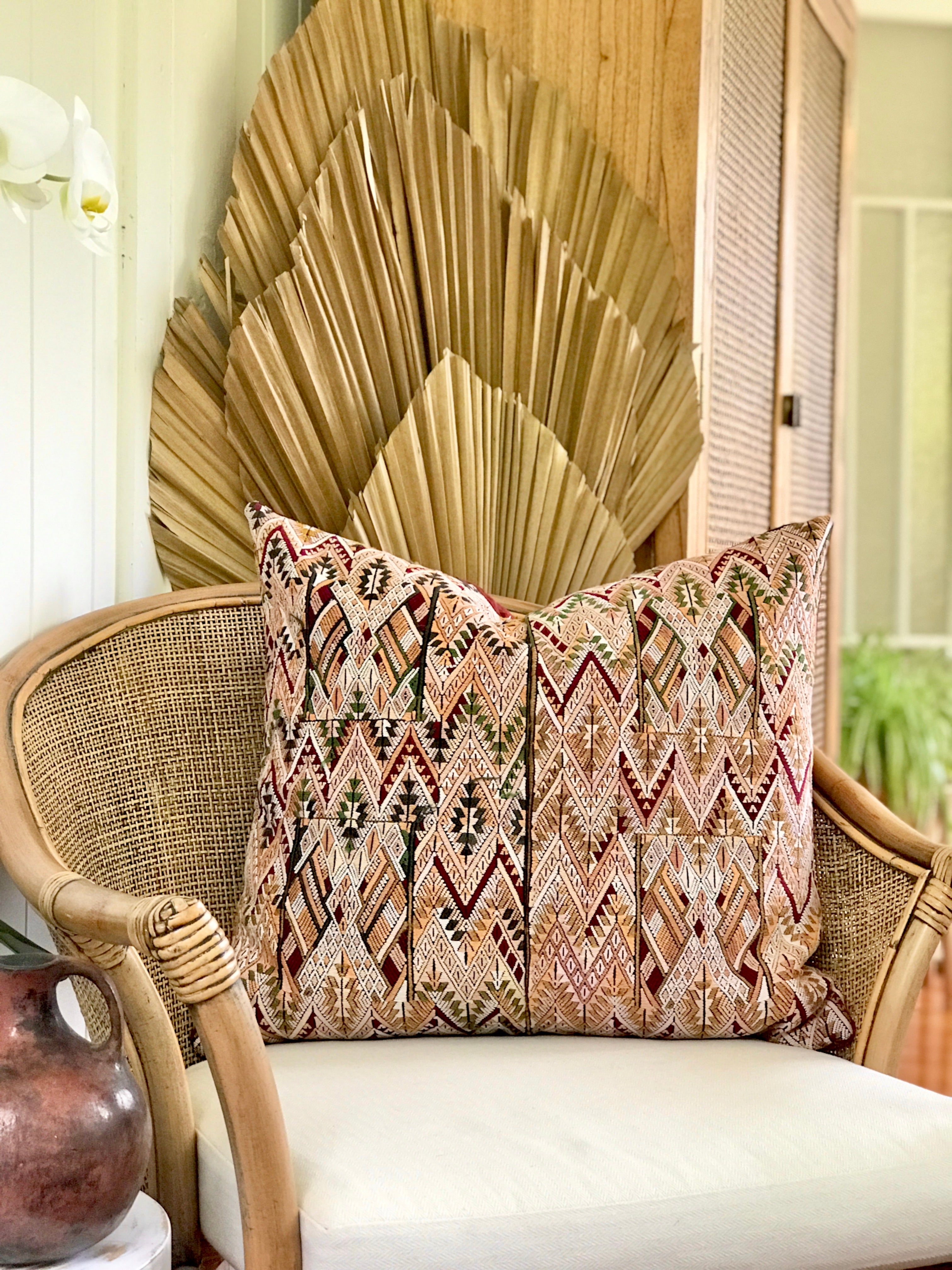 Vintage textile pillows made from a Guatemalan huipil and corte