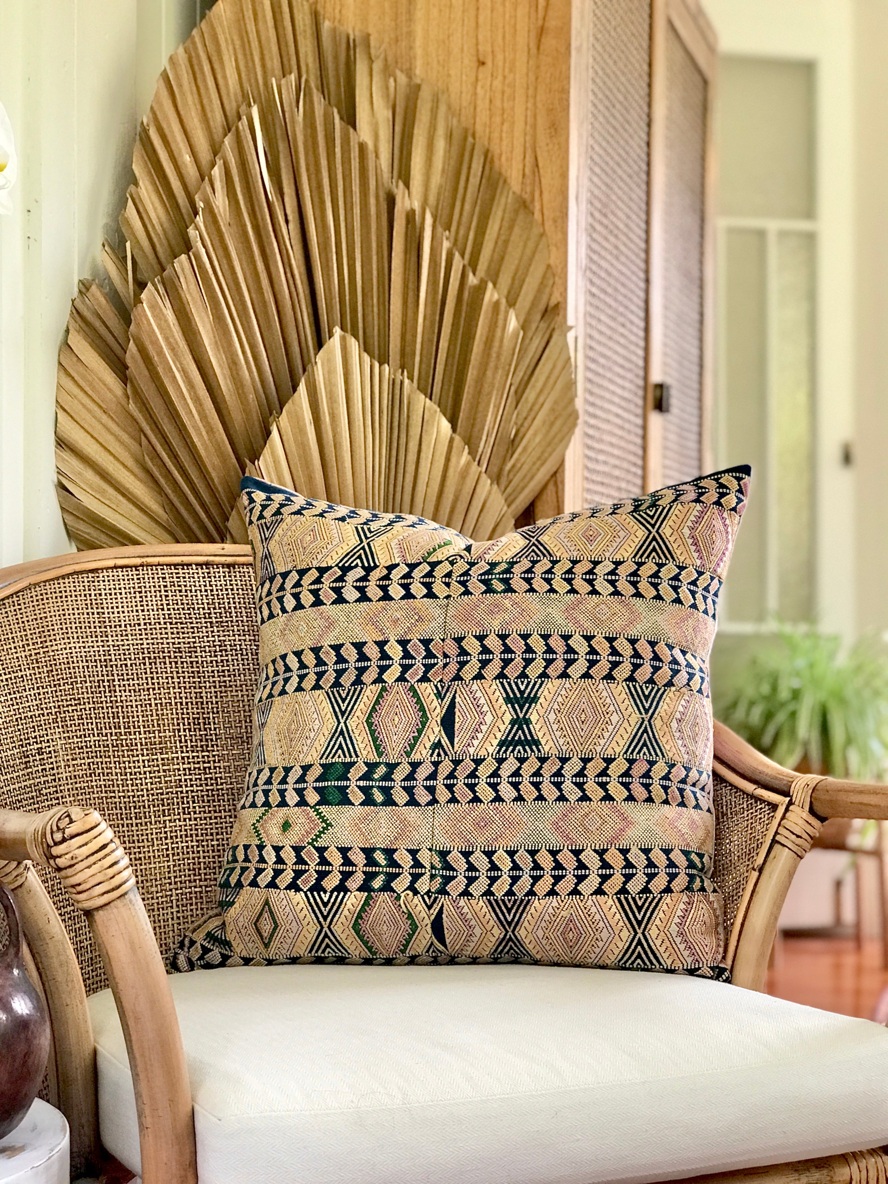 Vintage textile pillows made from a Guatemalan huipil and corte