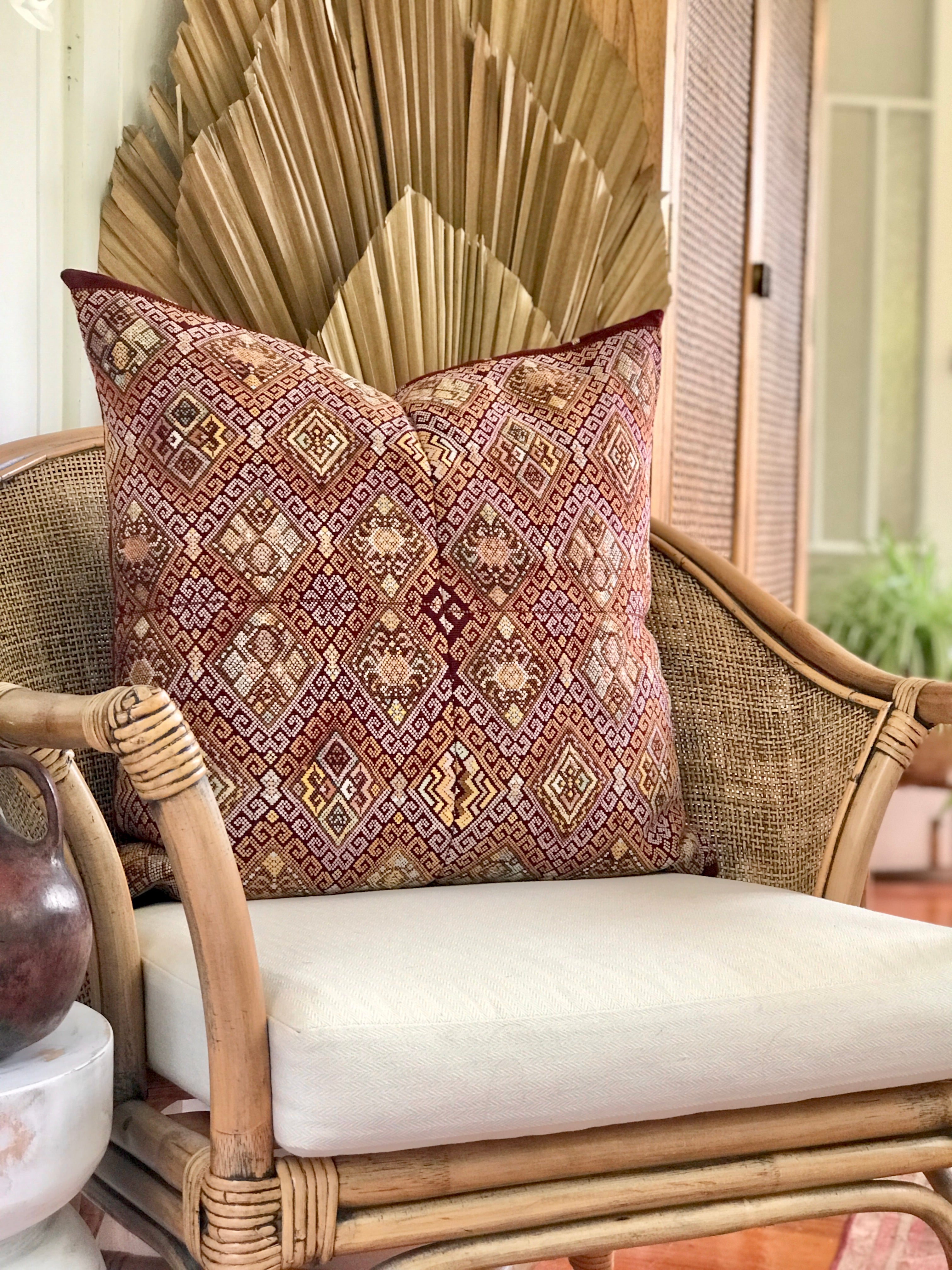 Vintage textile pillows made from a Guatemalan huipil and corte