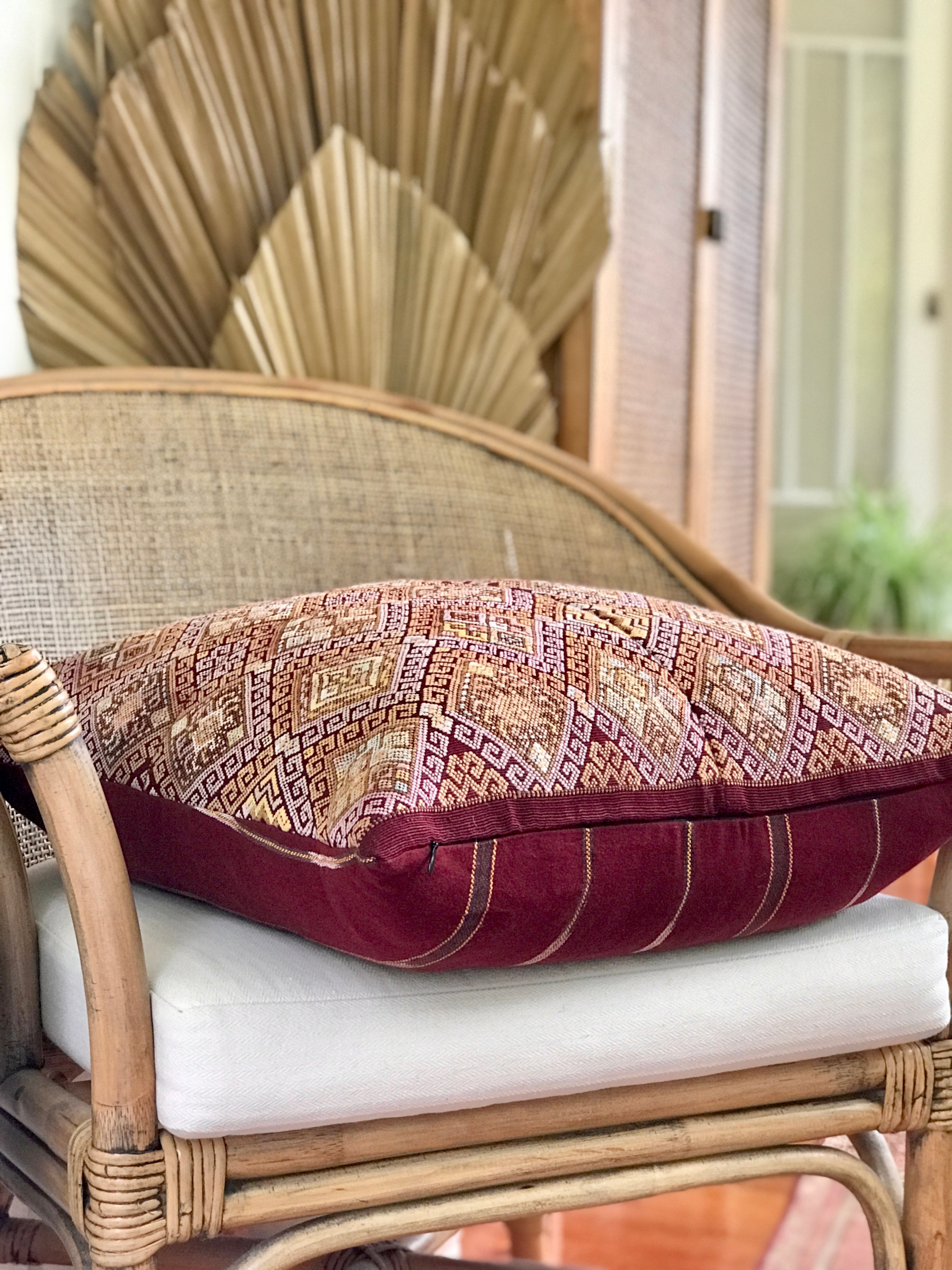 Vintage textile pillows made from a Guatemalan huipil and corte