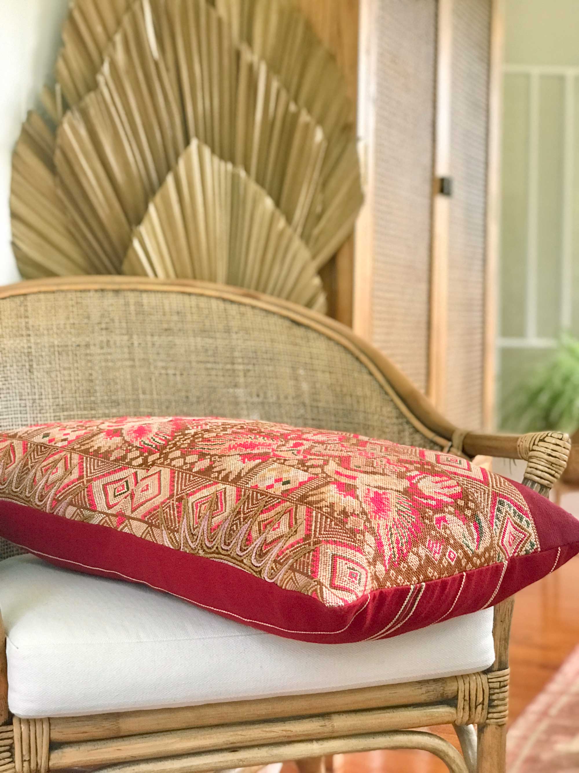 Vintage textile pillows made from a Guatemalan huipil and corte