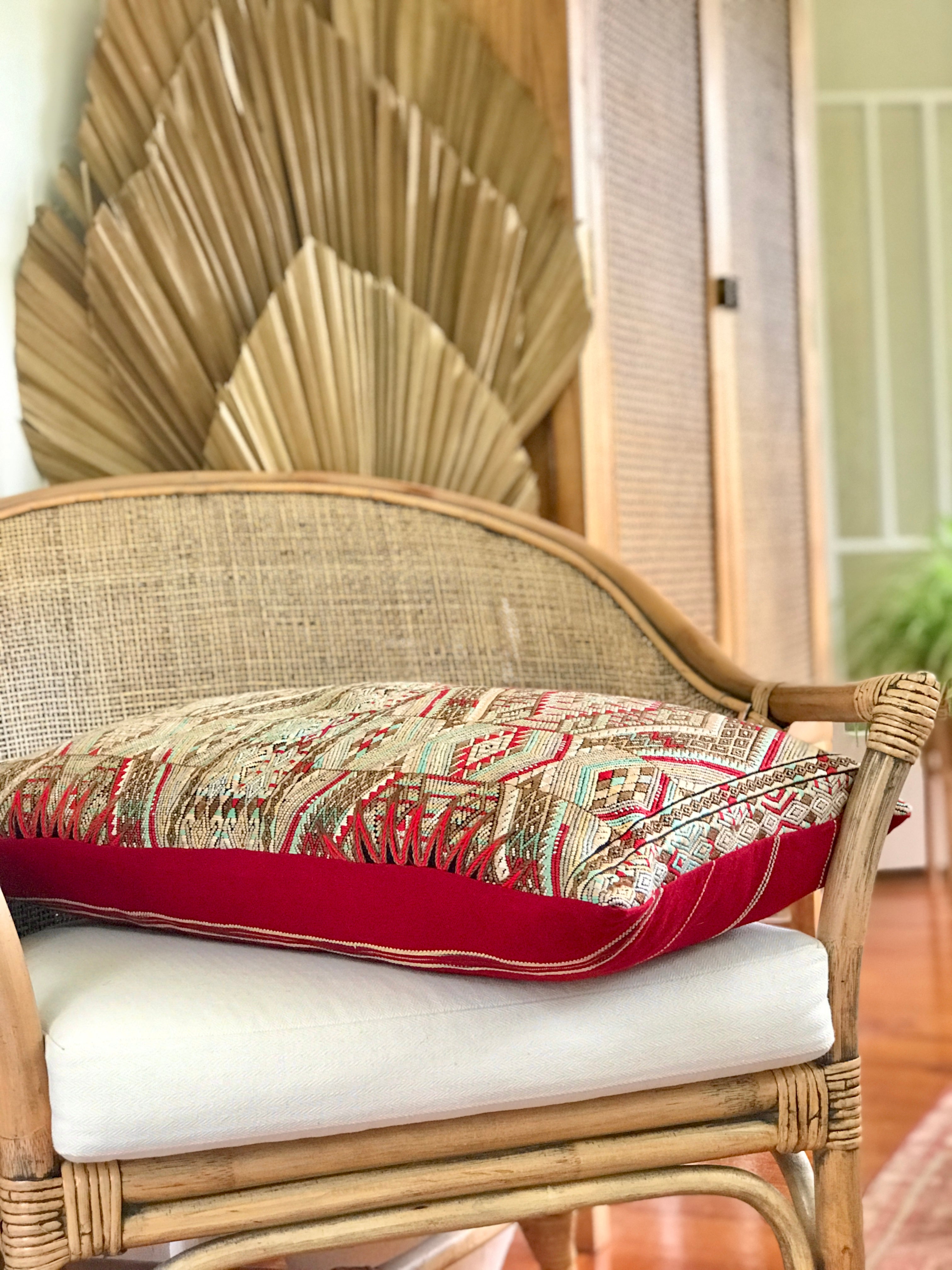 Vintage textile pillows made from a Guatemalan huipil and corte