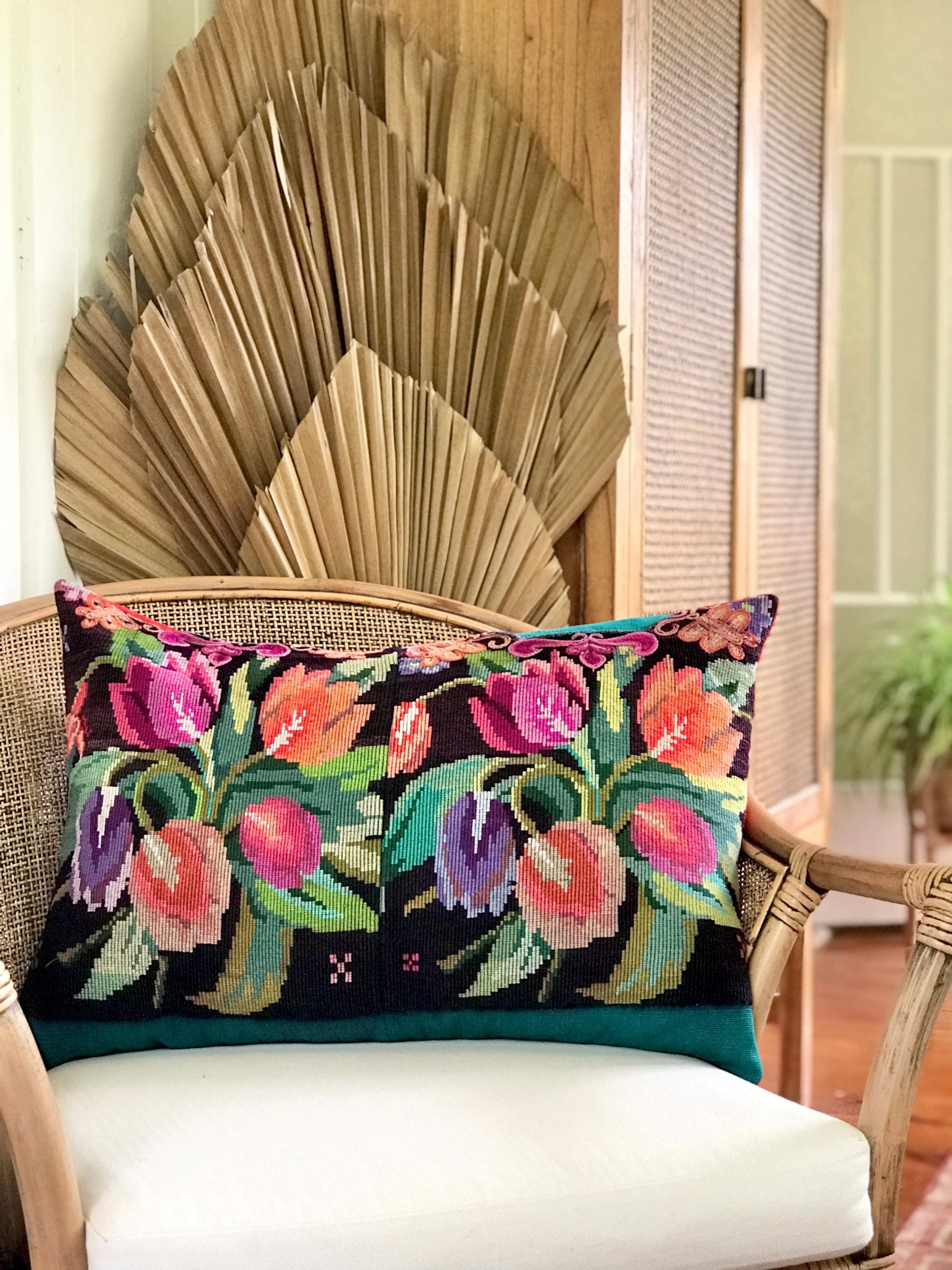 Vintage textile cushions made from a Guatemalan huipil and corte.