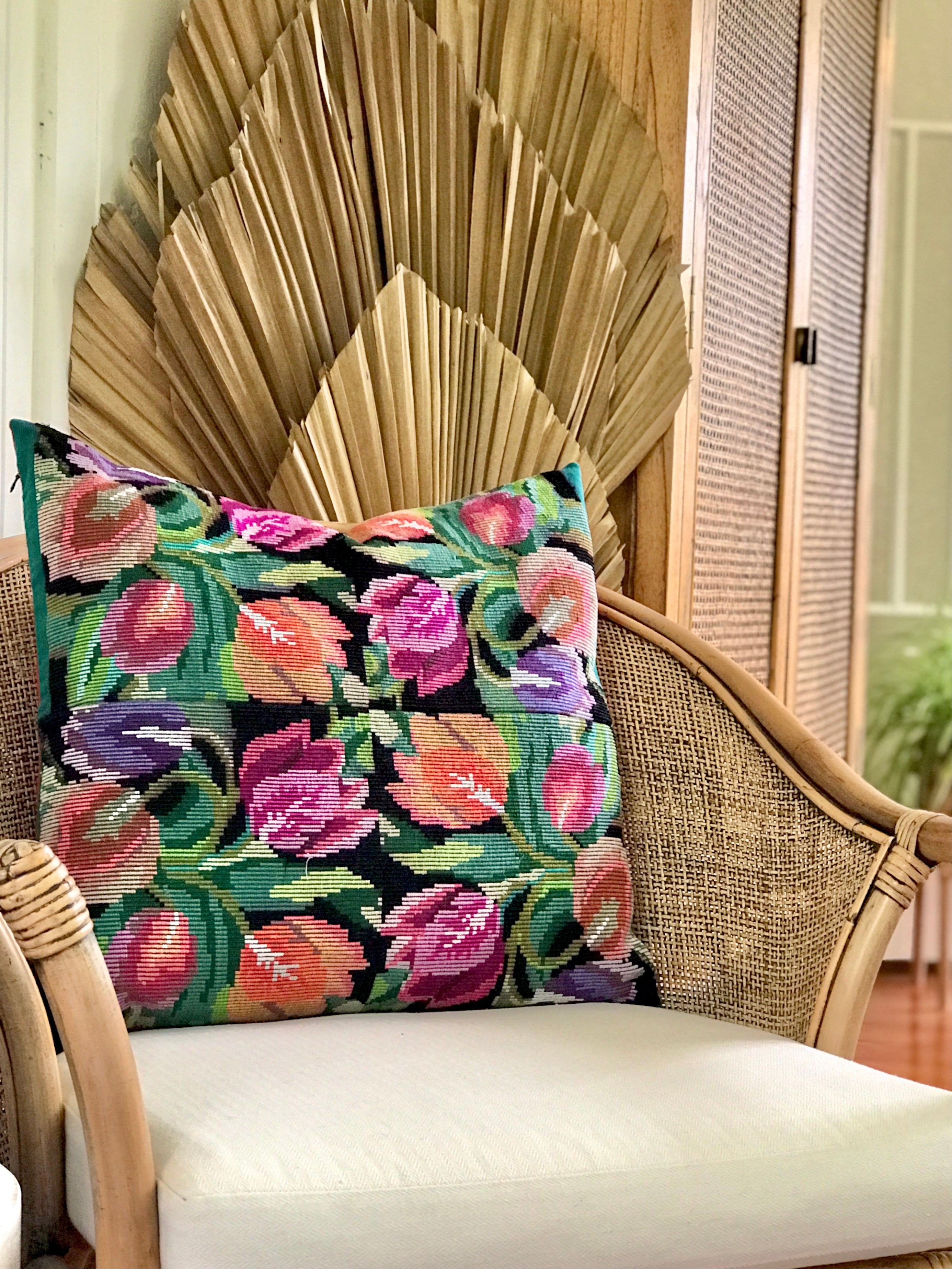 Vintage textile cushions made from a Guatemalan huipil and corte.