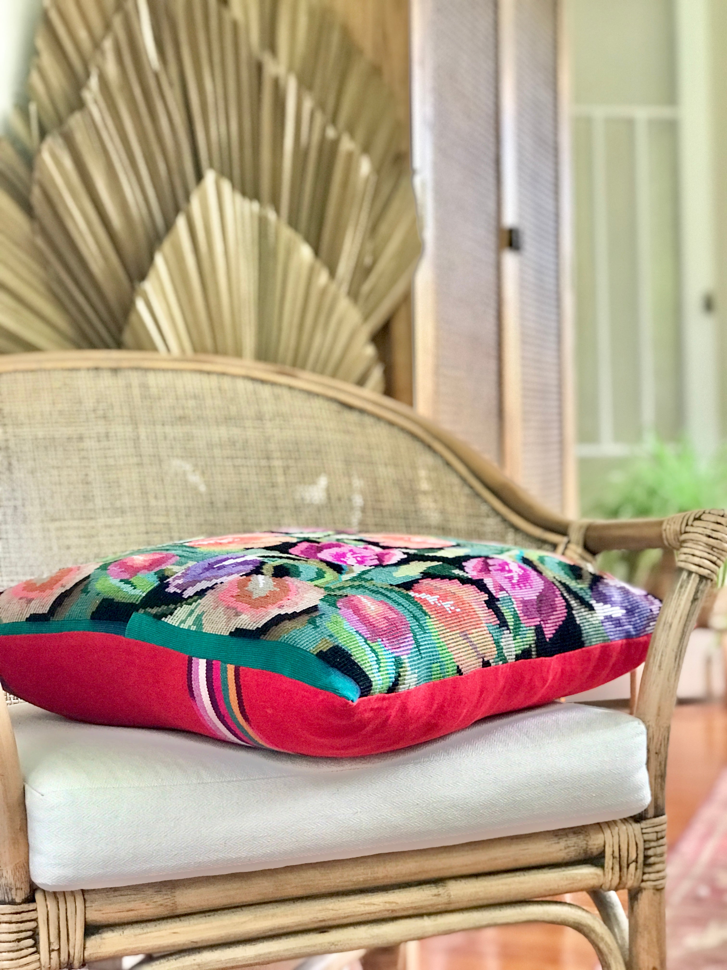 Vintage textile cushions made from a Guatemalan huipil and corte.