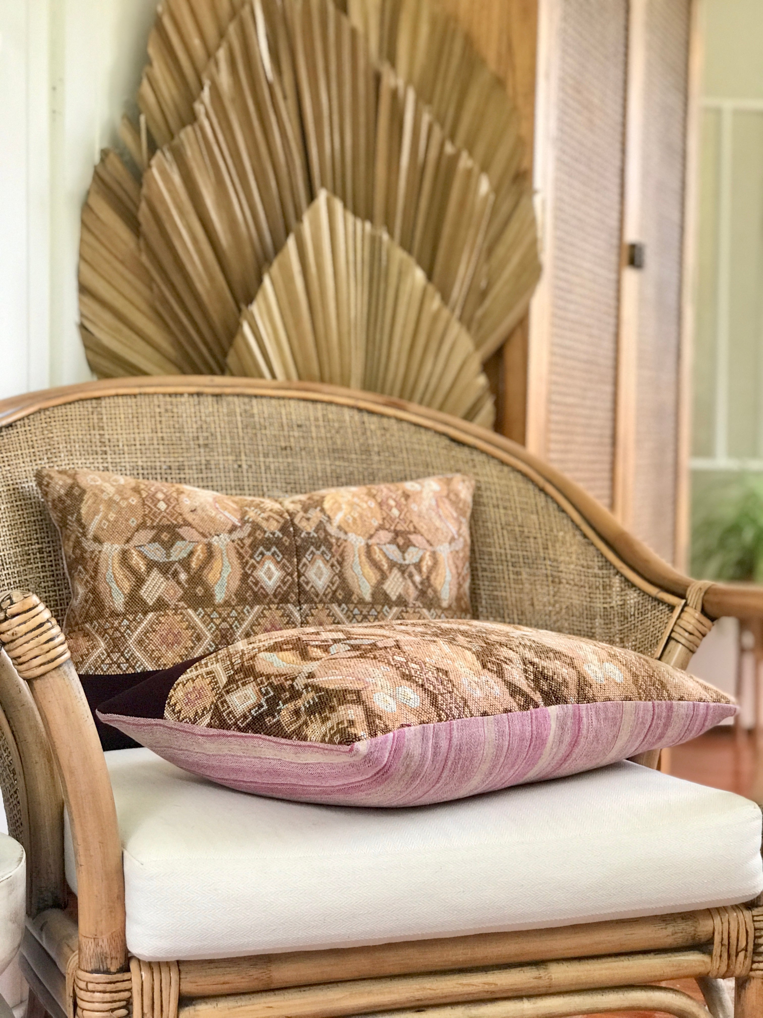 Vintage textile cushions made from a Guatemalan huipil and corte.