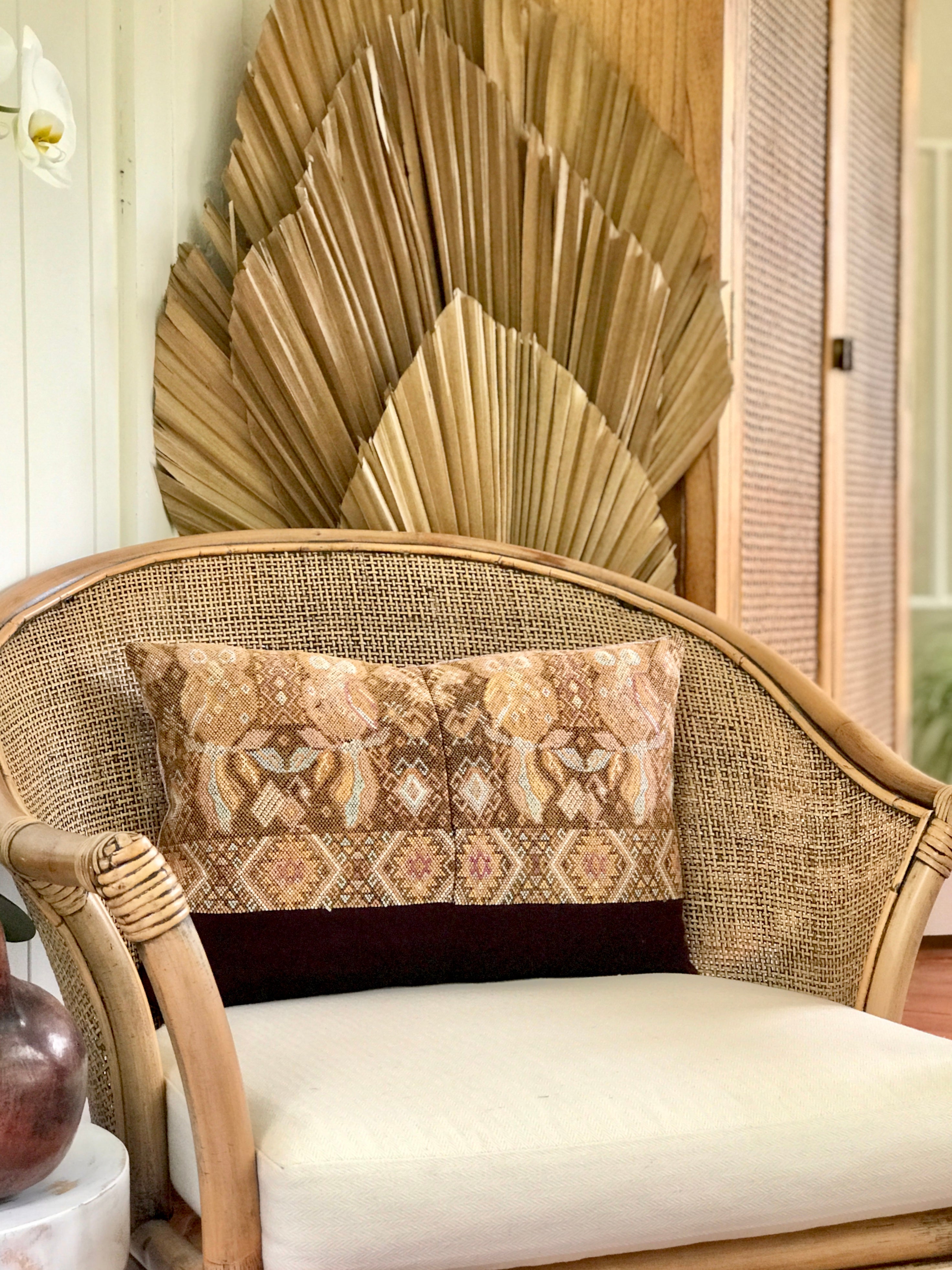 Vintage textile cushions made from a Guatemalan huipil and corte.