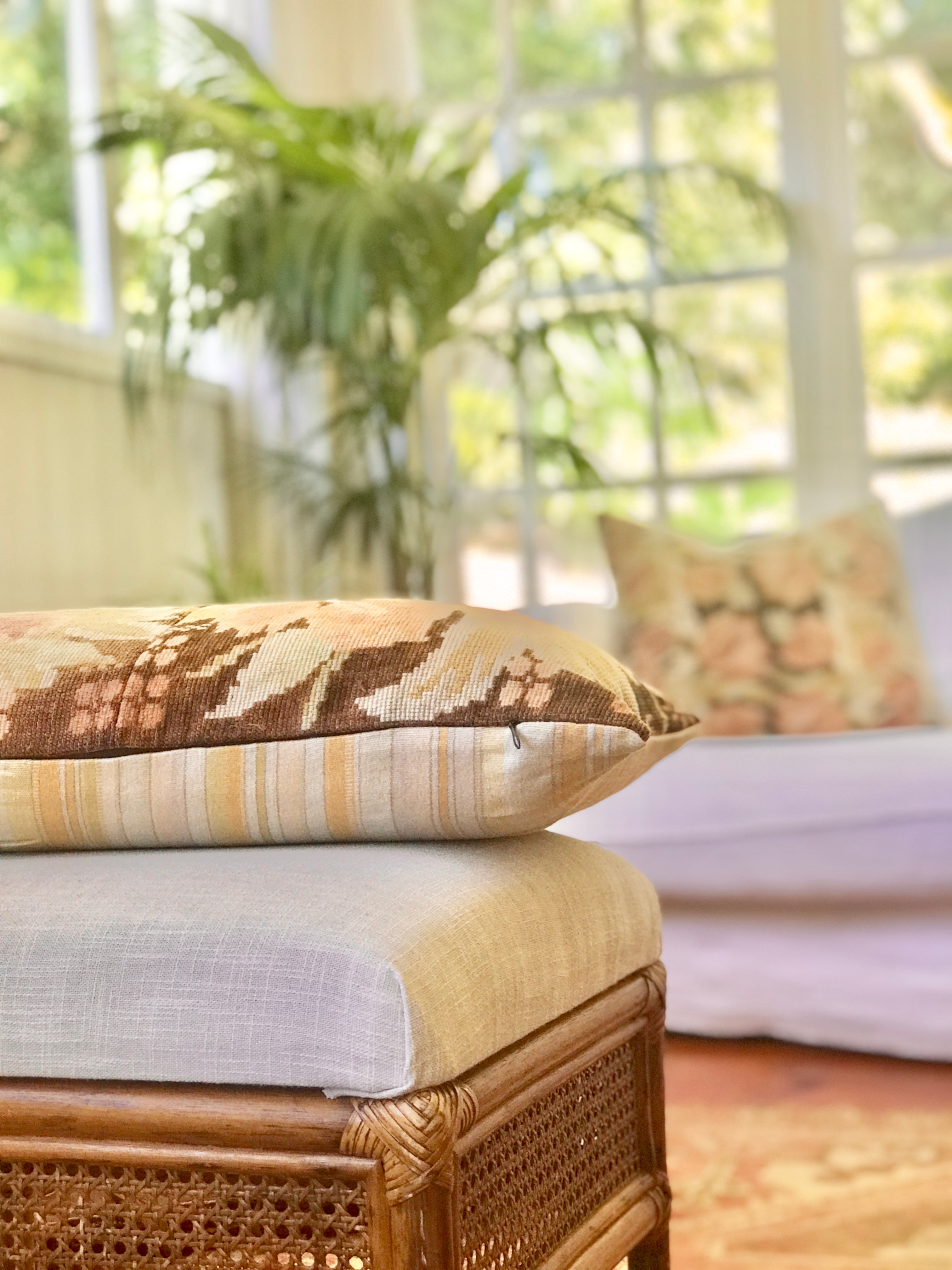 Vintage textile cushions made from a Guatemalan huipil and corte